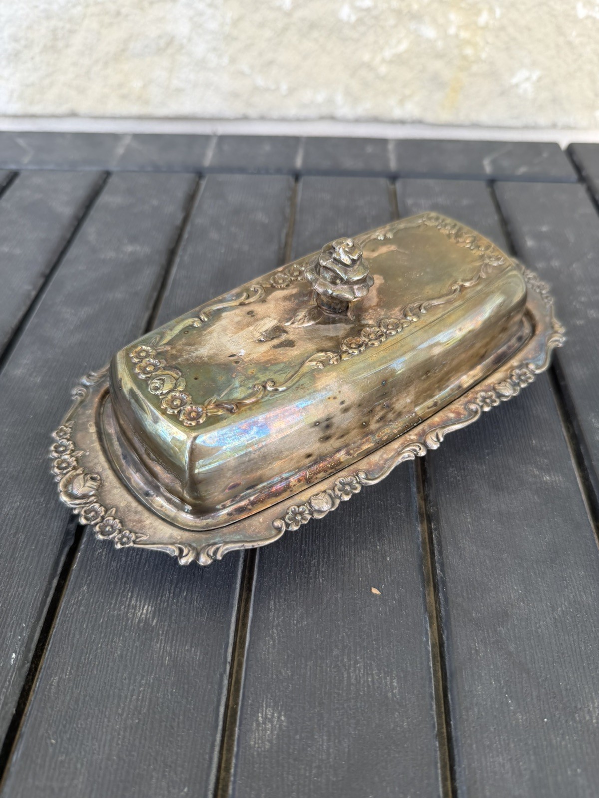 Rogers 1096 Silverplated Covered Butter Dish Roses Flowers Vtg Old Antique