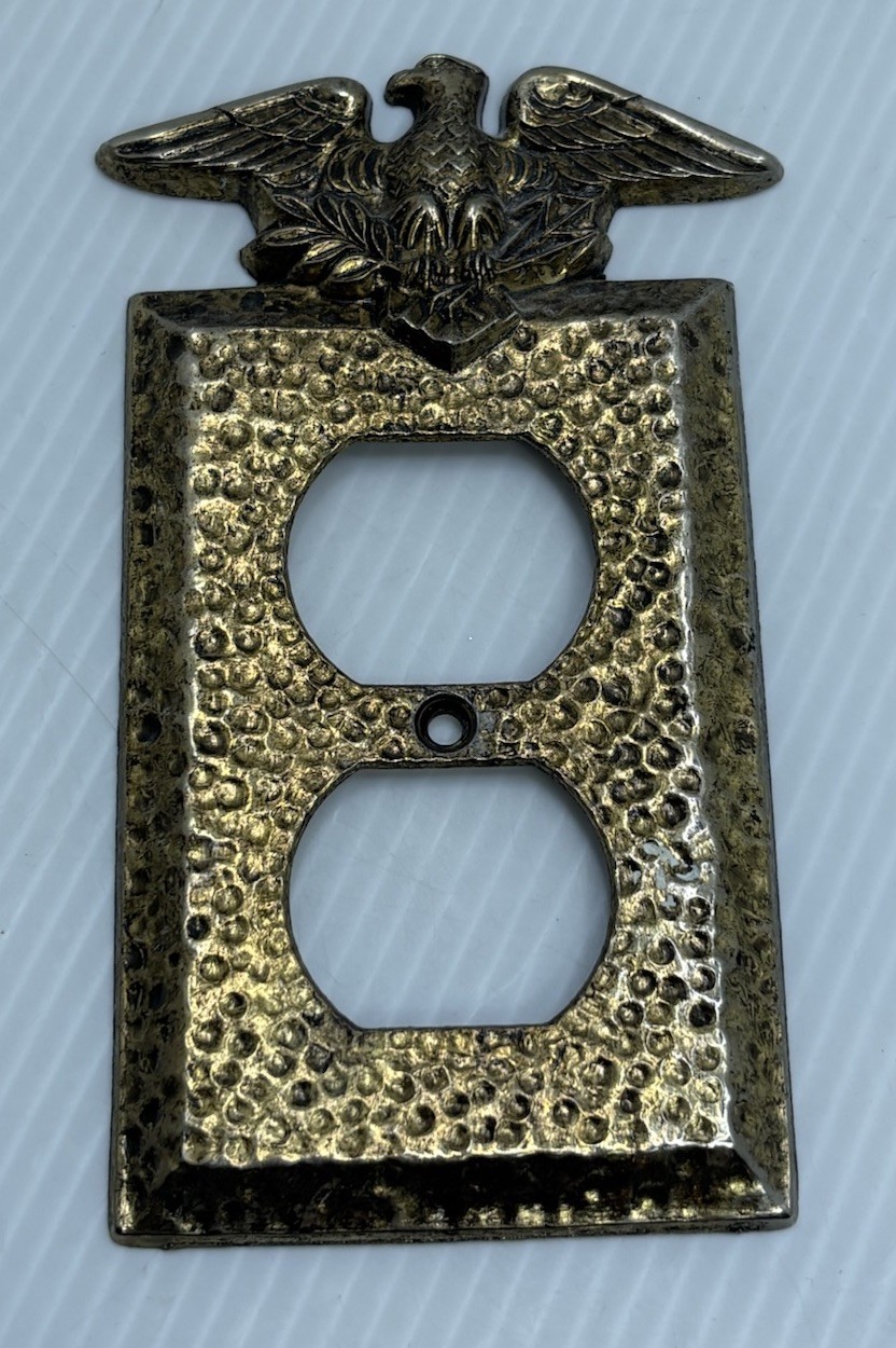 Vintage American Eagle 2 Outlet Cover Face Plate Cast Metal Hammered Gold Tone