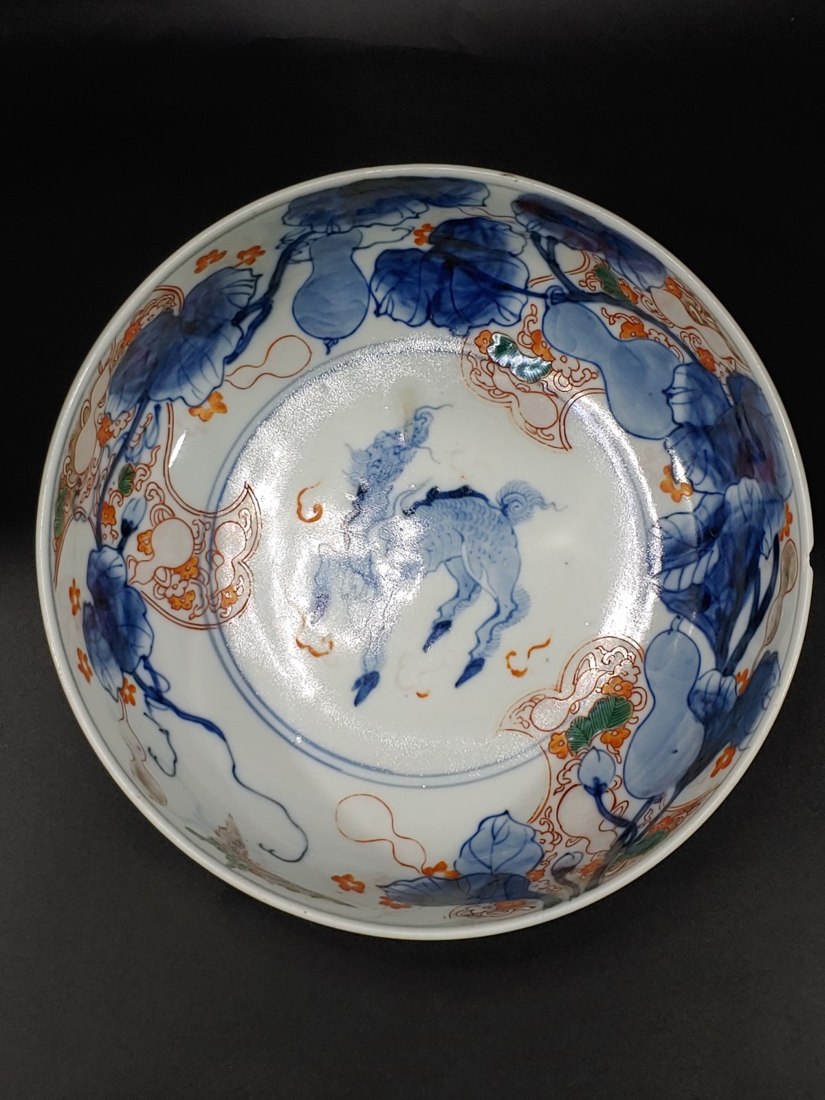 Chinese Kangxi Blue White Wucai Porcelain Painting Kirin Gourd Vines Punch Bowl