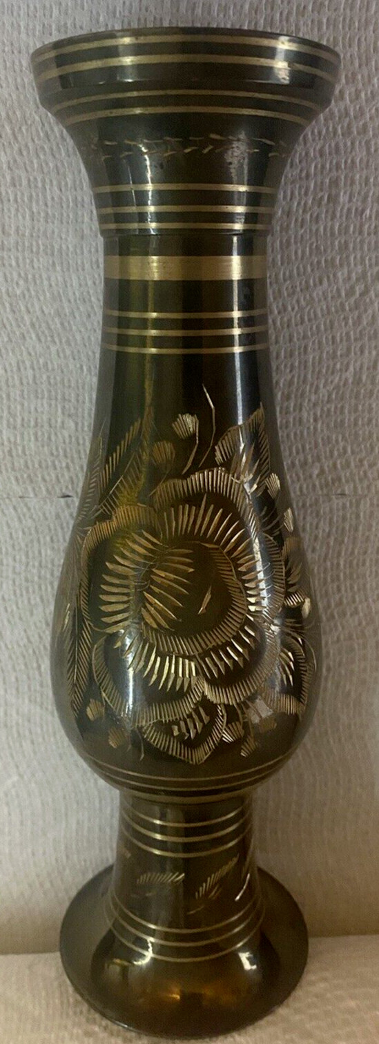 Vintage Solid Etched Brass Handmade Black & Gold Made In India 8” Vase