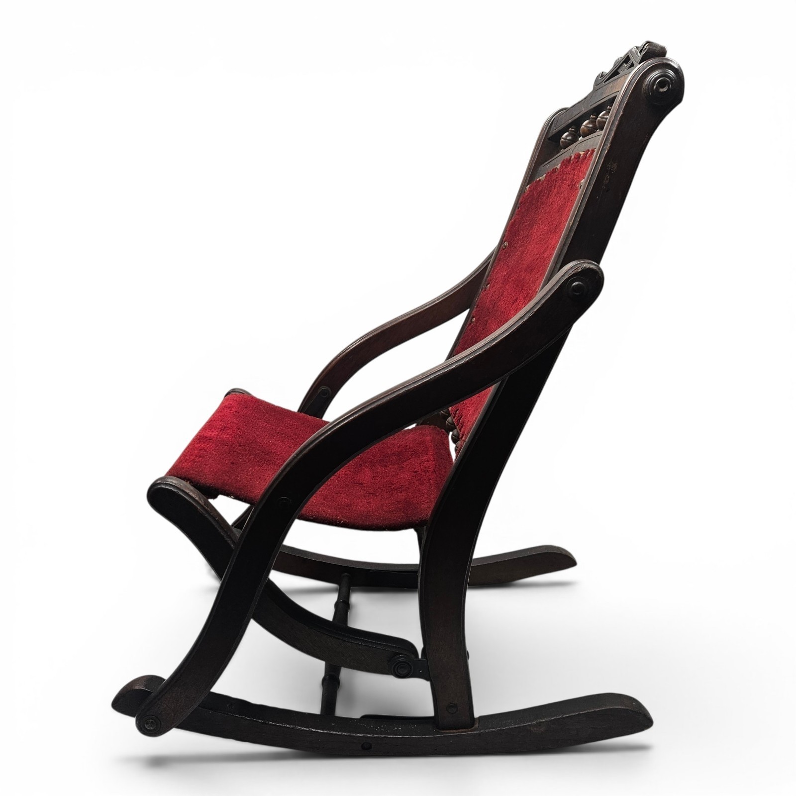 Antique E.W. Vaill Child Folding Rocking Chair Red Upholstered Wood 26″