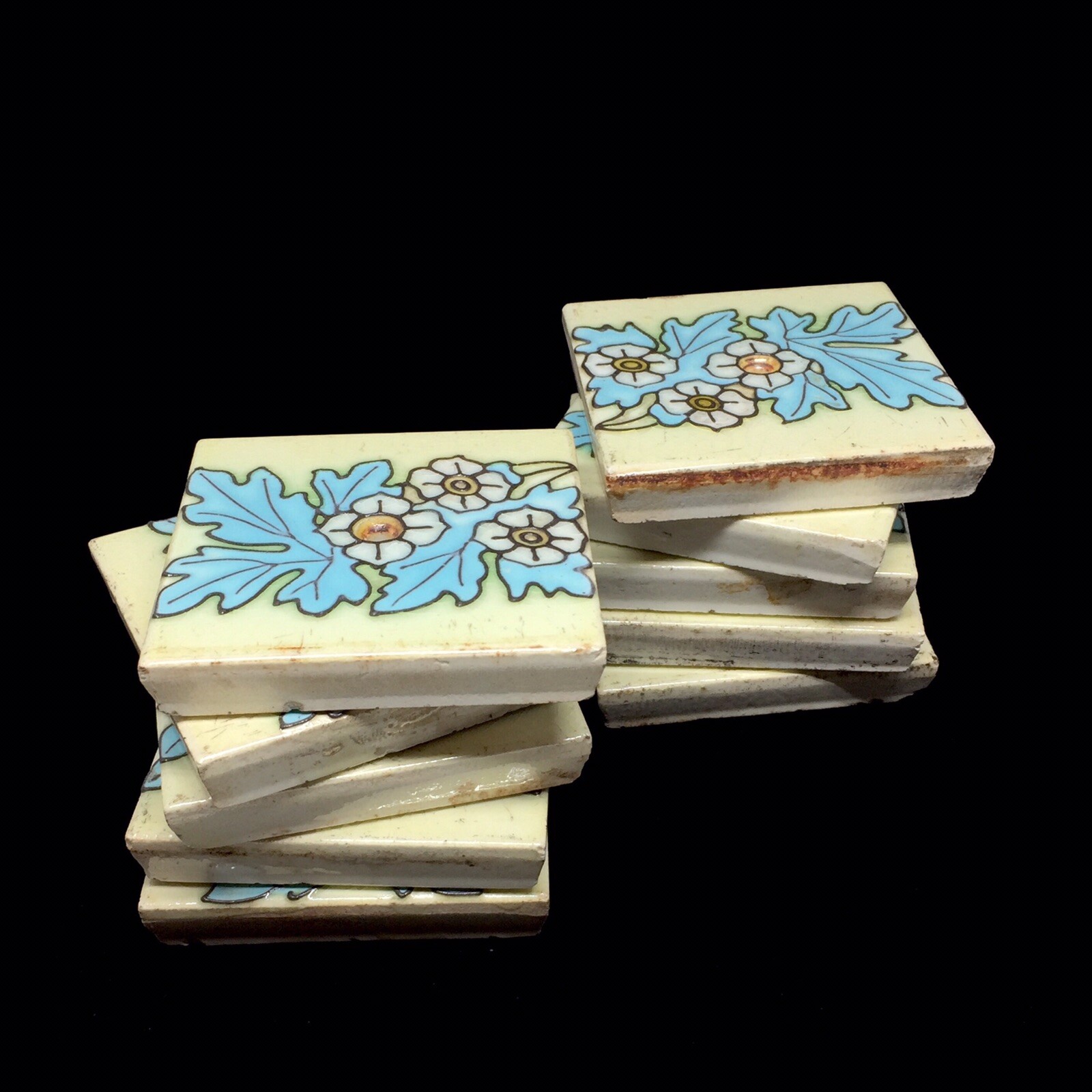 Antique Art Nouveau Floral Tile 1900s / Antique Ceramic Tile Set Of 10