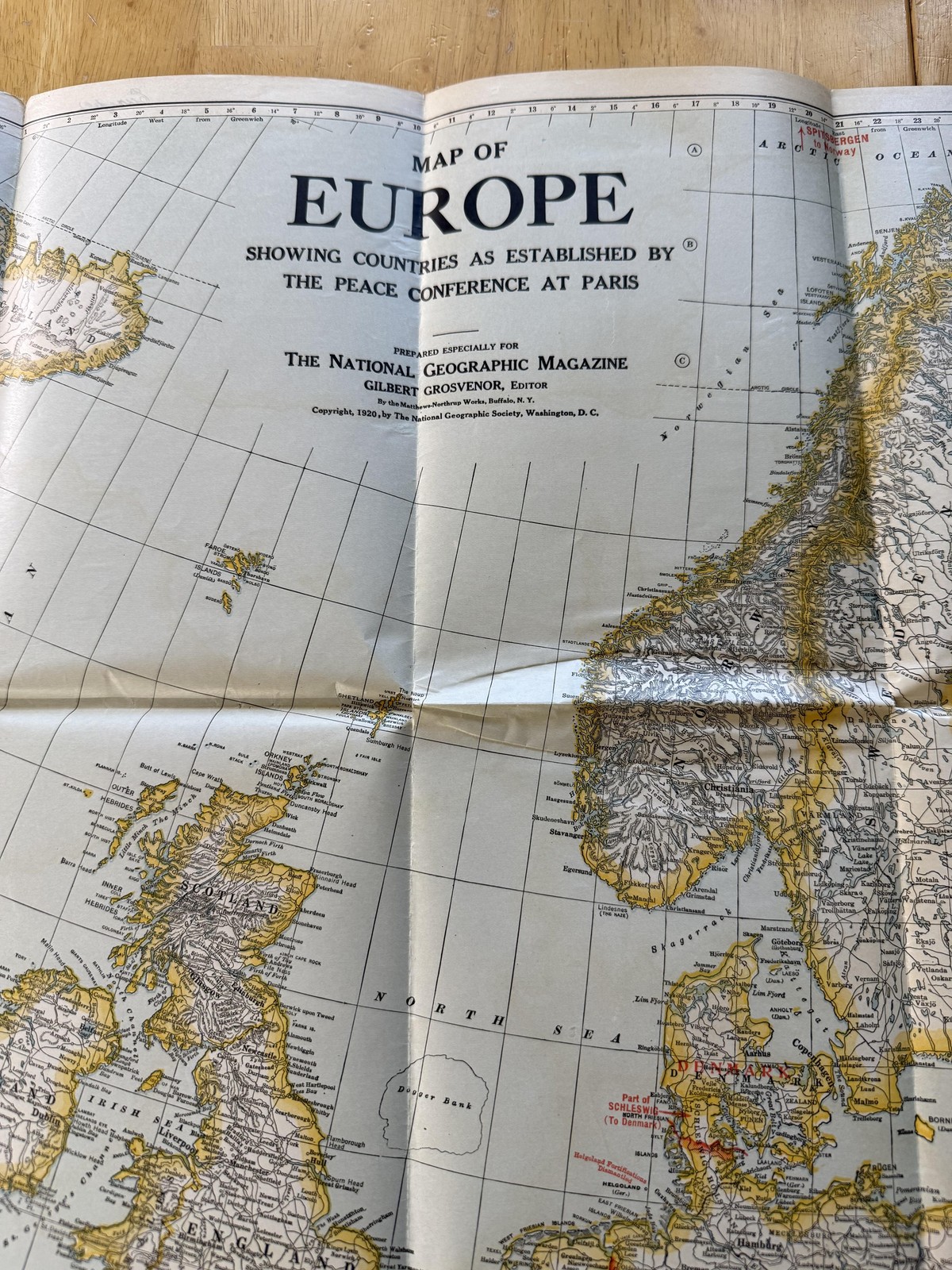 Vintage 1920 National Geographic Europe Map Peace Conference Paris Fold Out