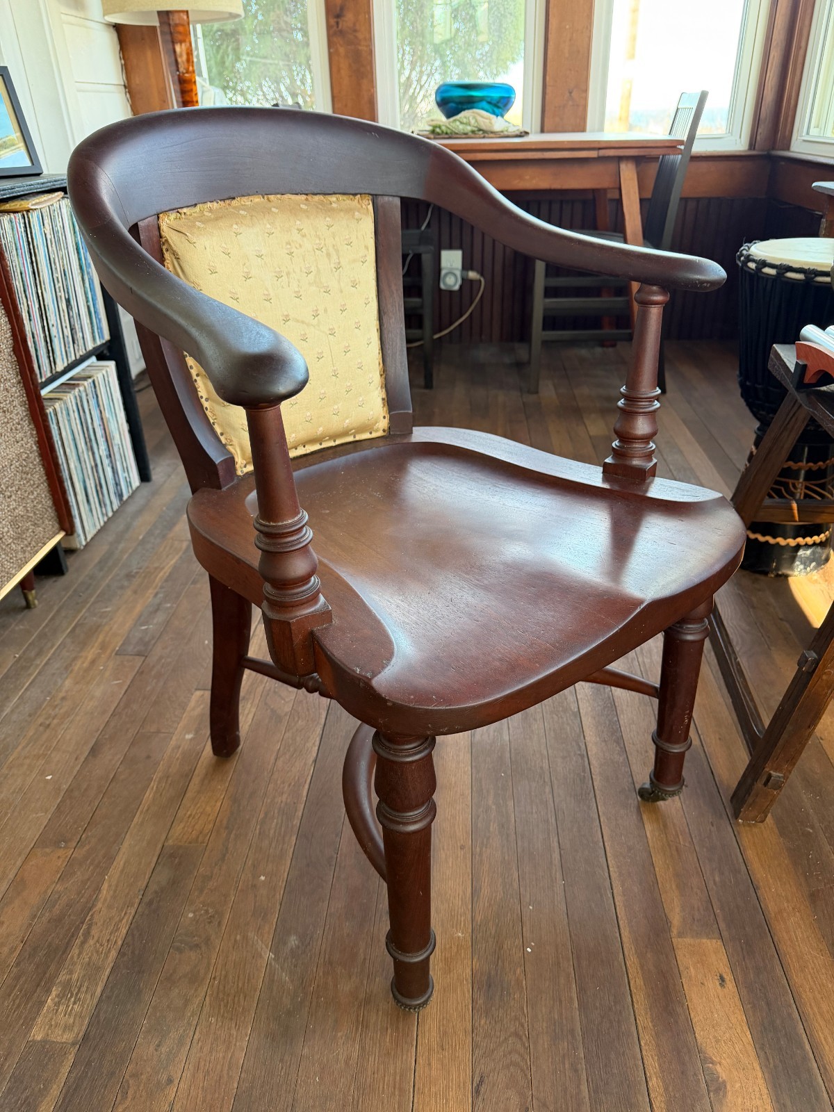 Rare Antique Wood Banker Lawyer Office Arm Chair with wheels