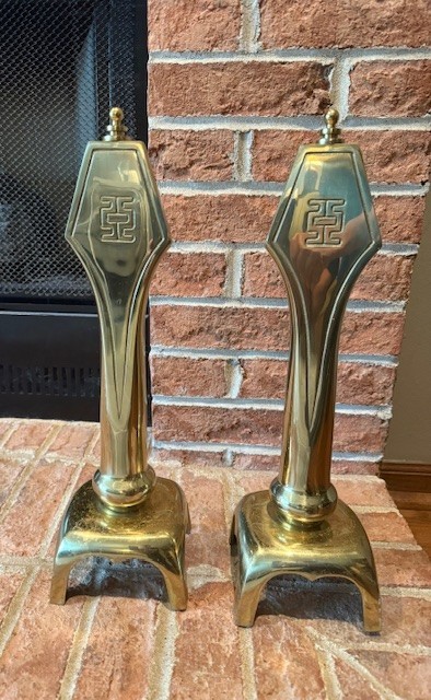 Pair Sunset Brass Fireplace Andirons Chenets Mid Century Modern H 17″