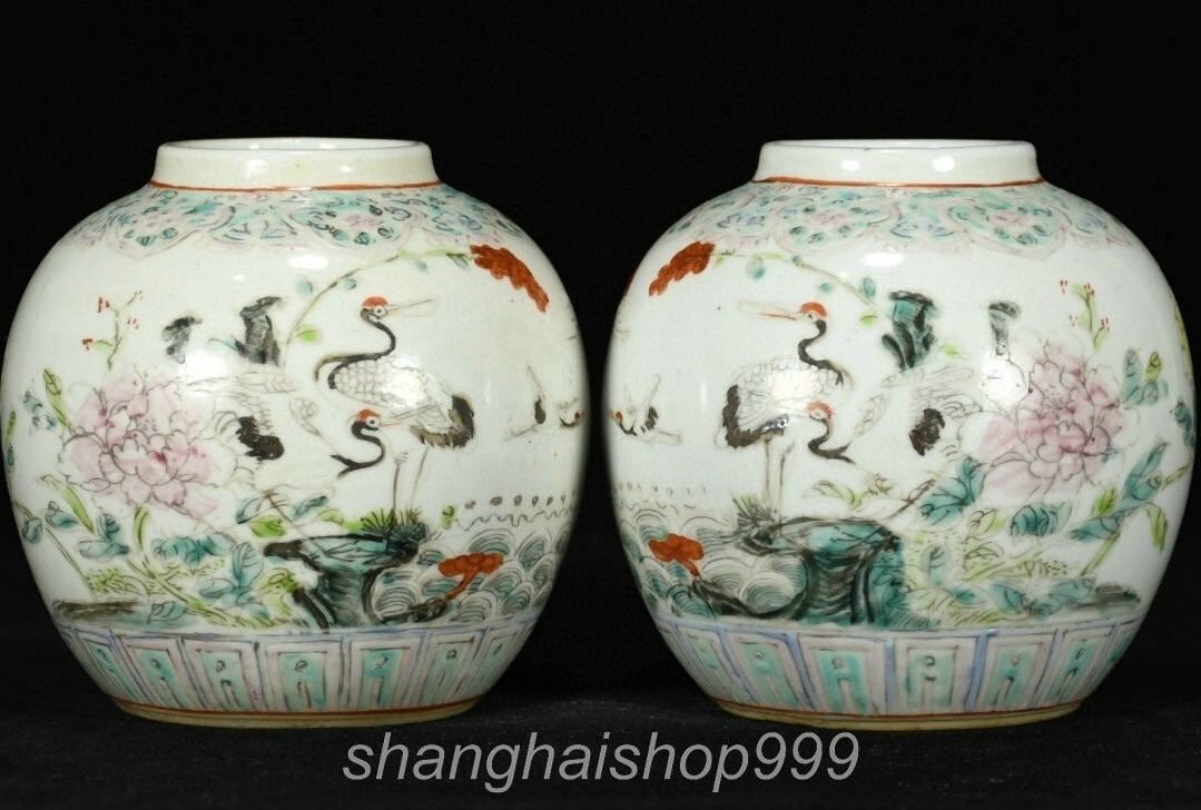4.4″ Guangxu Marked Pastel Porcelain Crane Flower Pattern Pot Jar Crock Pair
