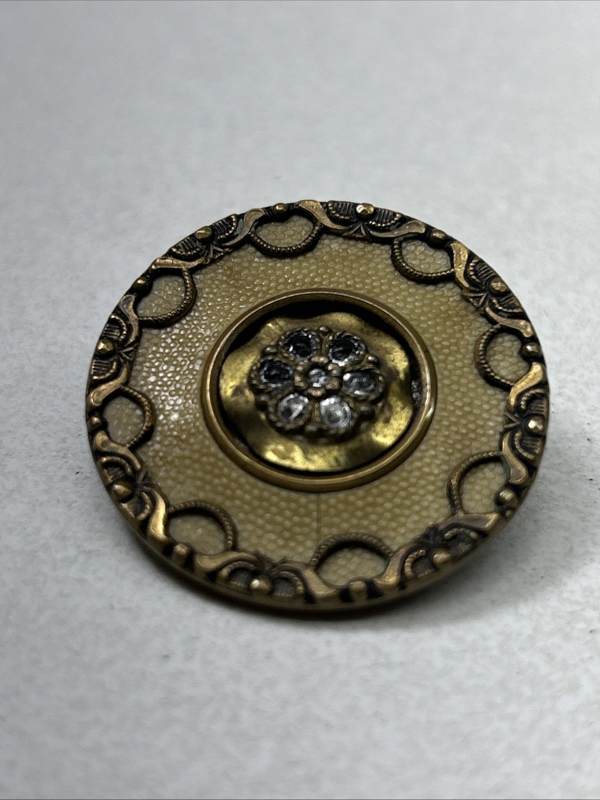 Antique Metal Celluloid Brass Button Glass Floral Under Brass Centerpiece