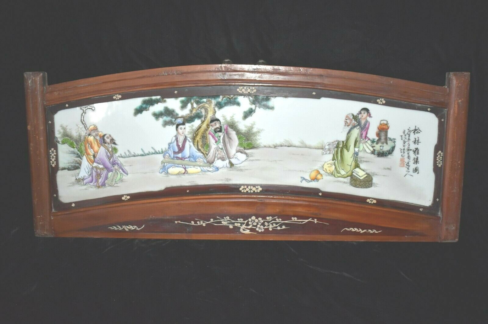 Antique Chinese Porcelain Plaque Hand Painted Signed Wood Frame