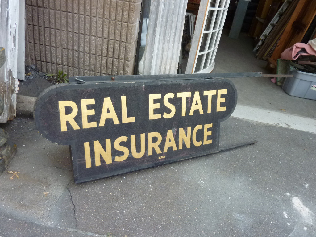 c1900-20 INSURANCE & REAL ESTATE sign 60 x 24″ w/ORIGINAL iron hanging hardware