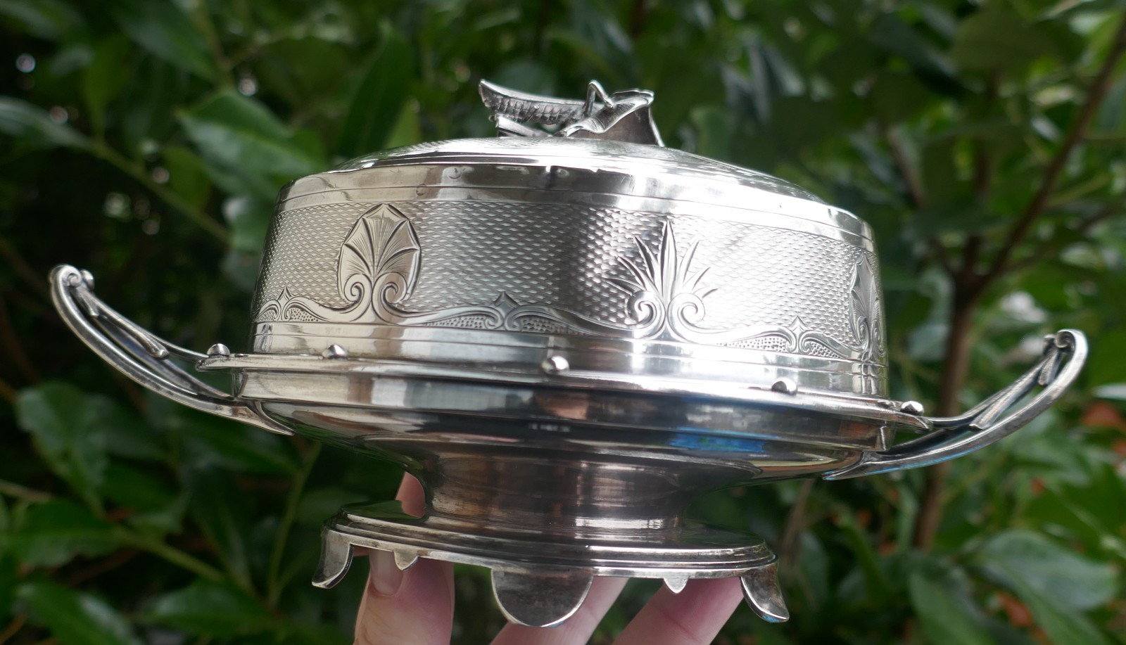 Rare – Aesthetic Movement Gorham American Coin Silver Butter Ball Dish – 505.3g.