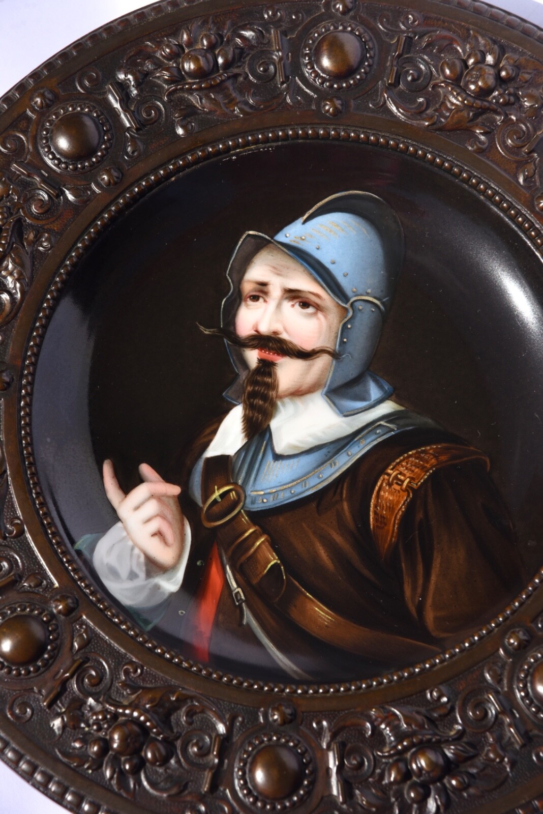 Superb Antique Hand Painted Bowl Bronze Mount Spanish Explorer/Conquistador 26cm