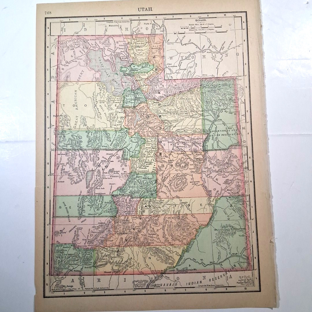 Antique 1896 Utah Texas Color Map Rand-McNally Atlas Page