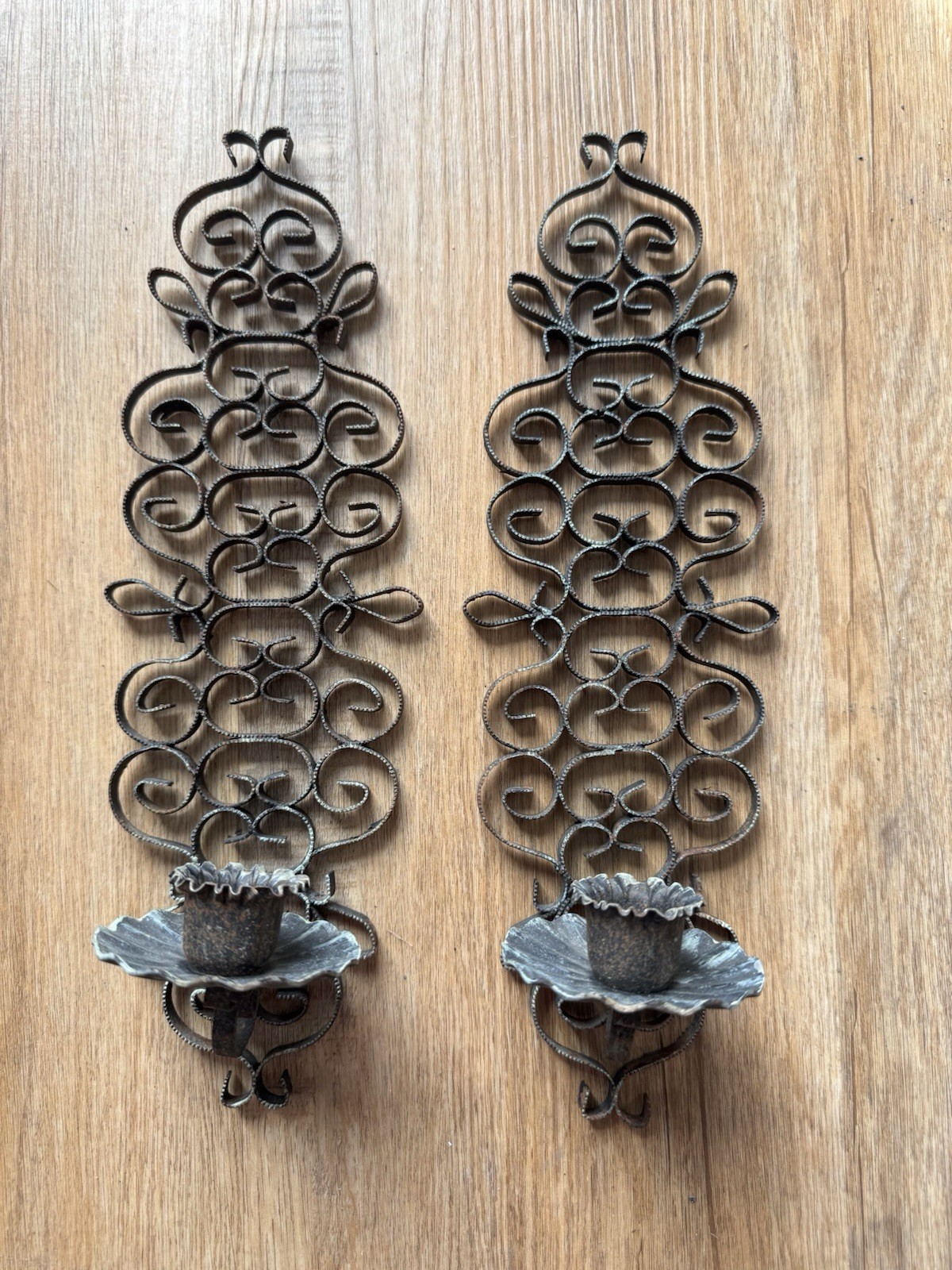 Vintage Black Wrought Iron Spanish Revival Style Wall Sconce Pair
