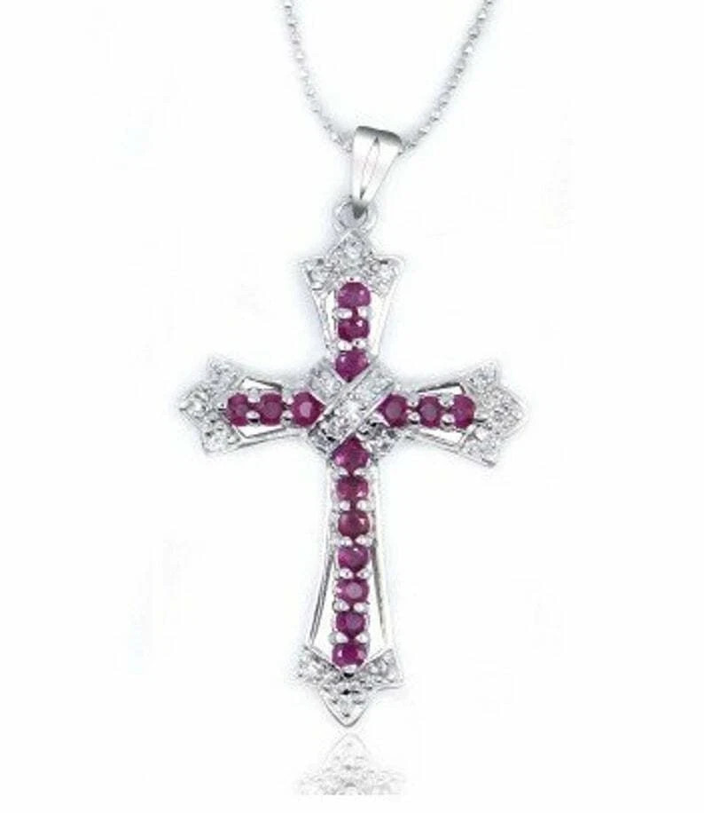 2.30 Ct Round Cut Lab-Created Ruby & Diamond Cross Pendant 14K White Gold Finish