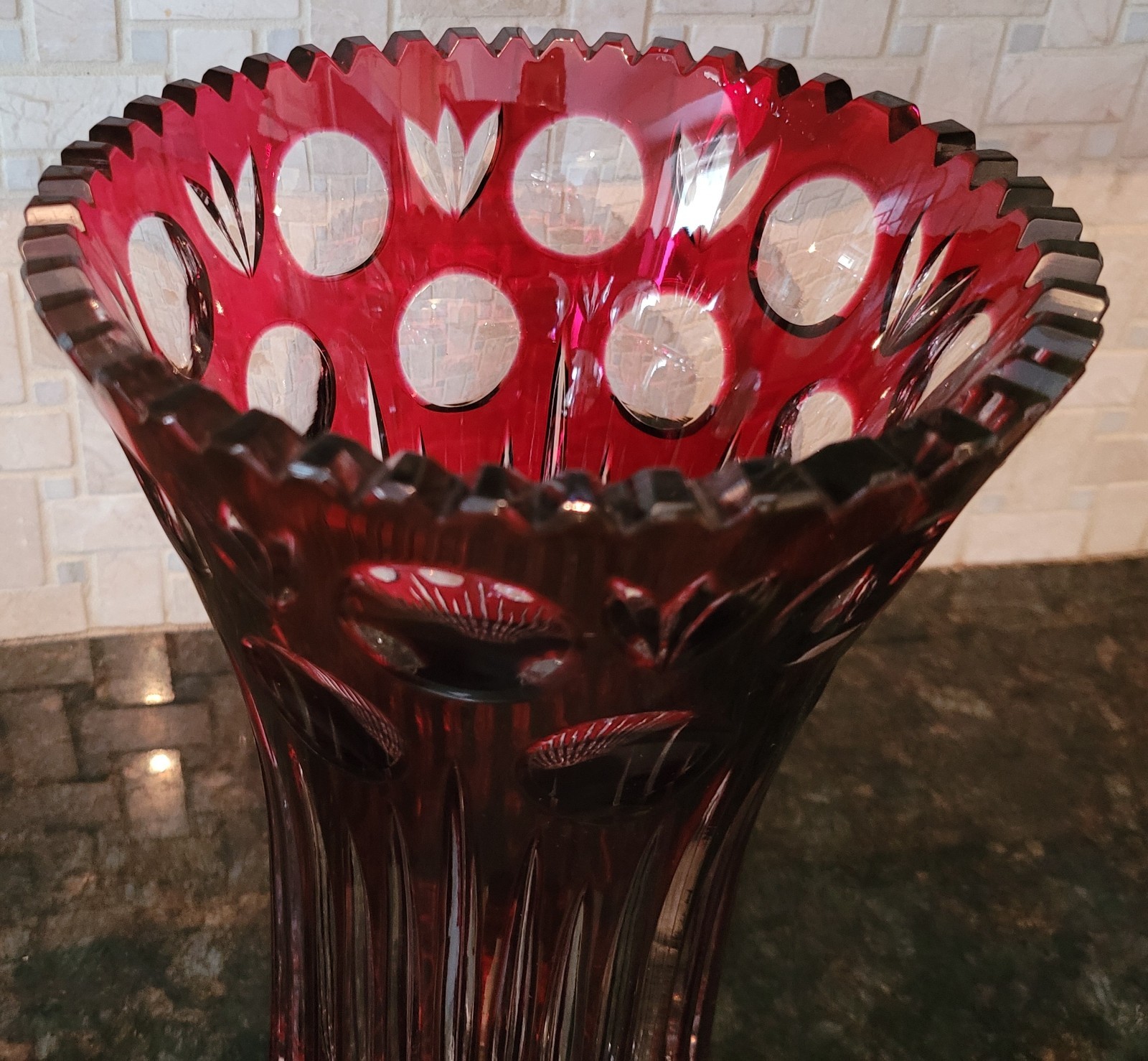 Large Antique Ruby Cut to Clear Crystal vase in perfect condition, 10 1/8″ Tall