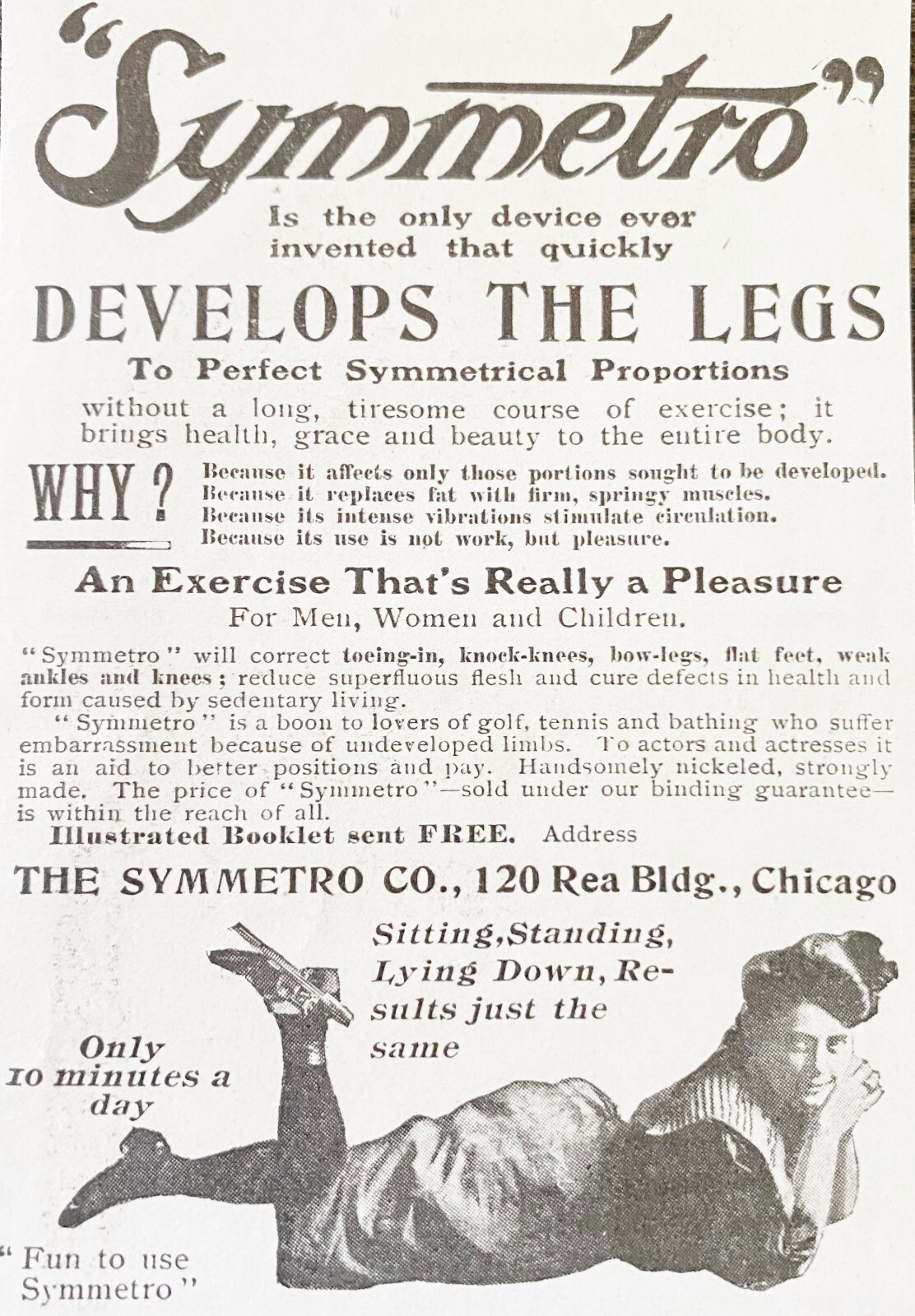 1905Vtg Print Ad~SYMMETRO Develops the Legs~Quack Exercise Tool Woman Lying Down