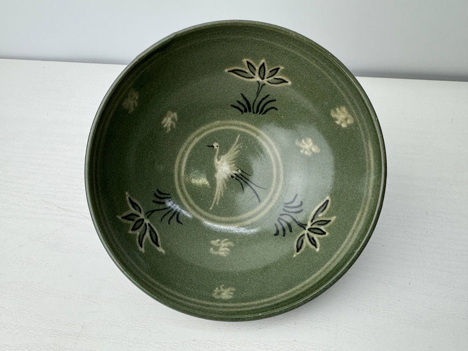 Y9126 CHAWAN Goryeo celadon flat bowl Crane Korea antique tea ceremony pottery