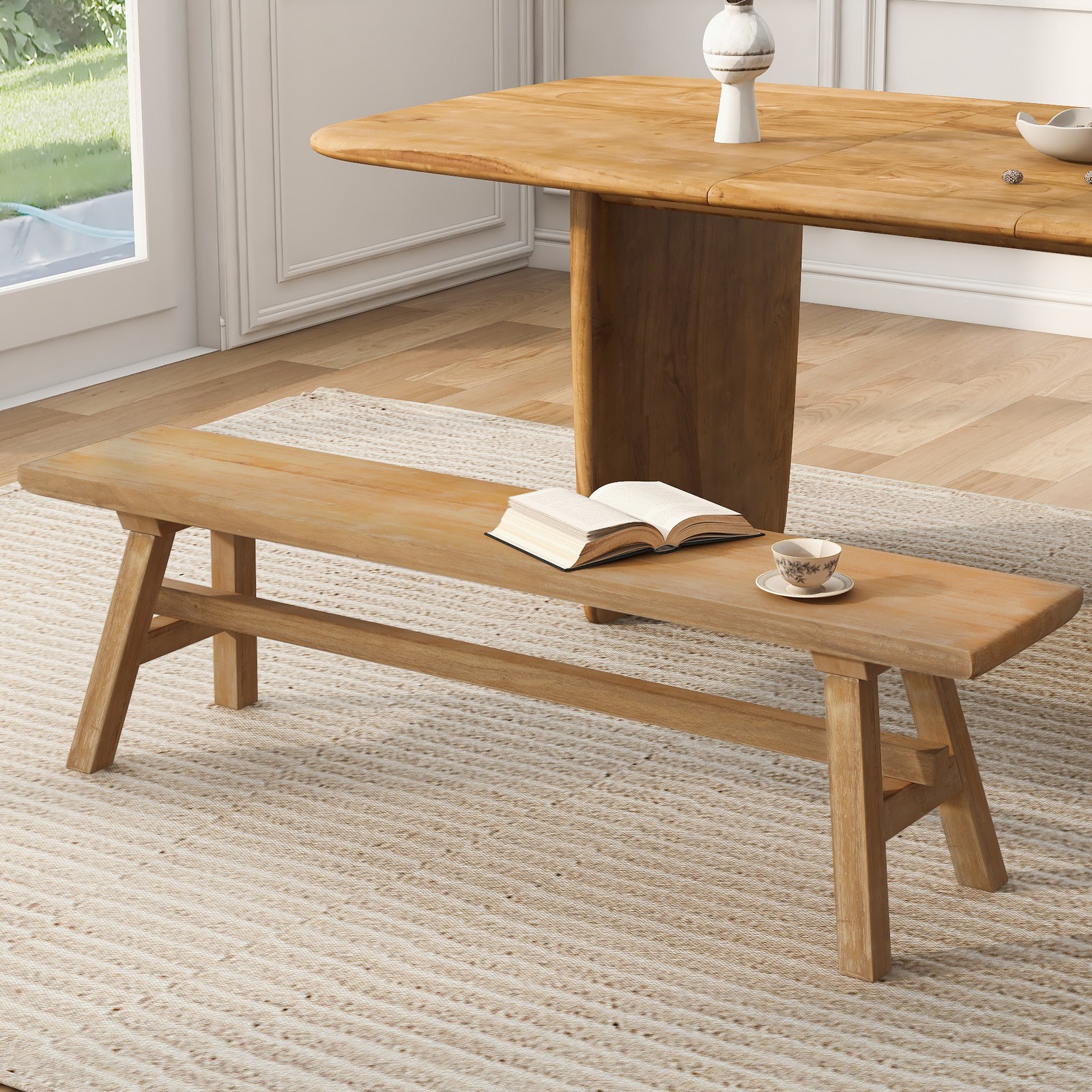 This solid wood bench measures 55“ with built-in storage for indoor spaces