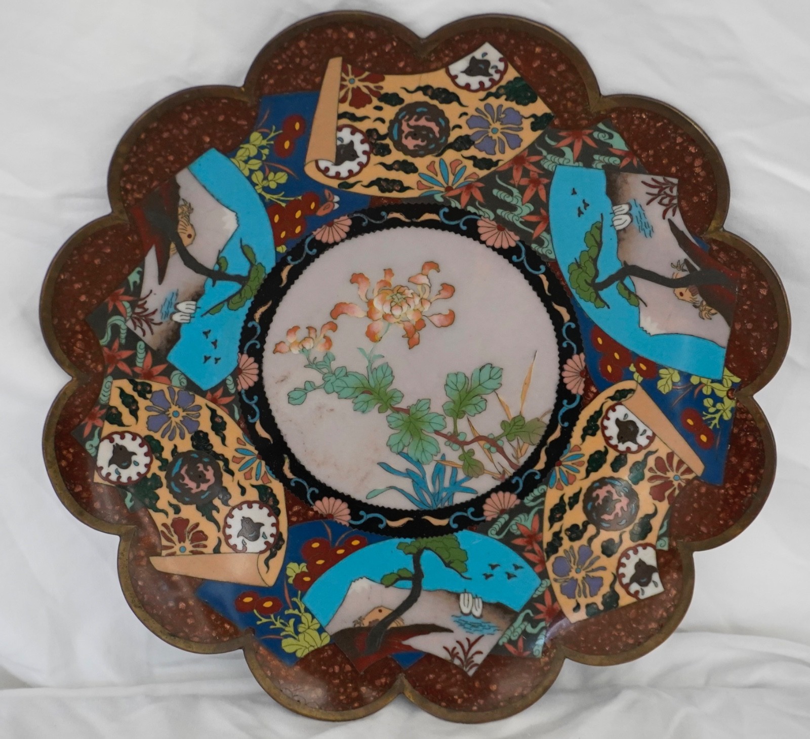 Antique Japanese Meiji Cloisonne 9.5 Inch Display Charger Plate