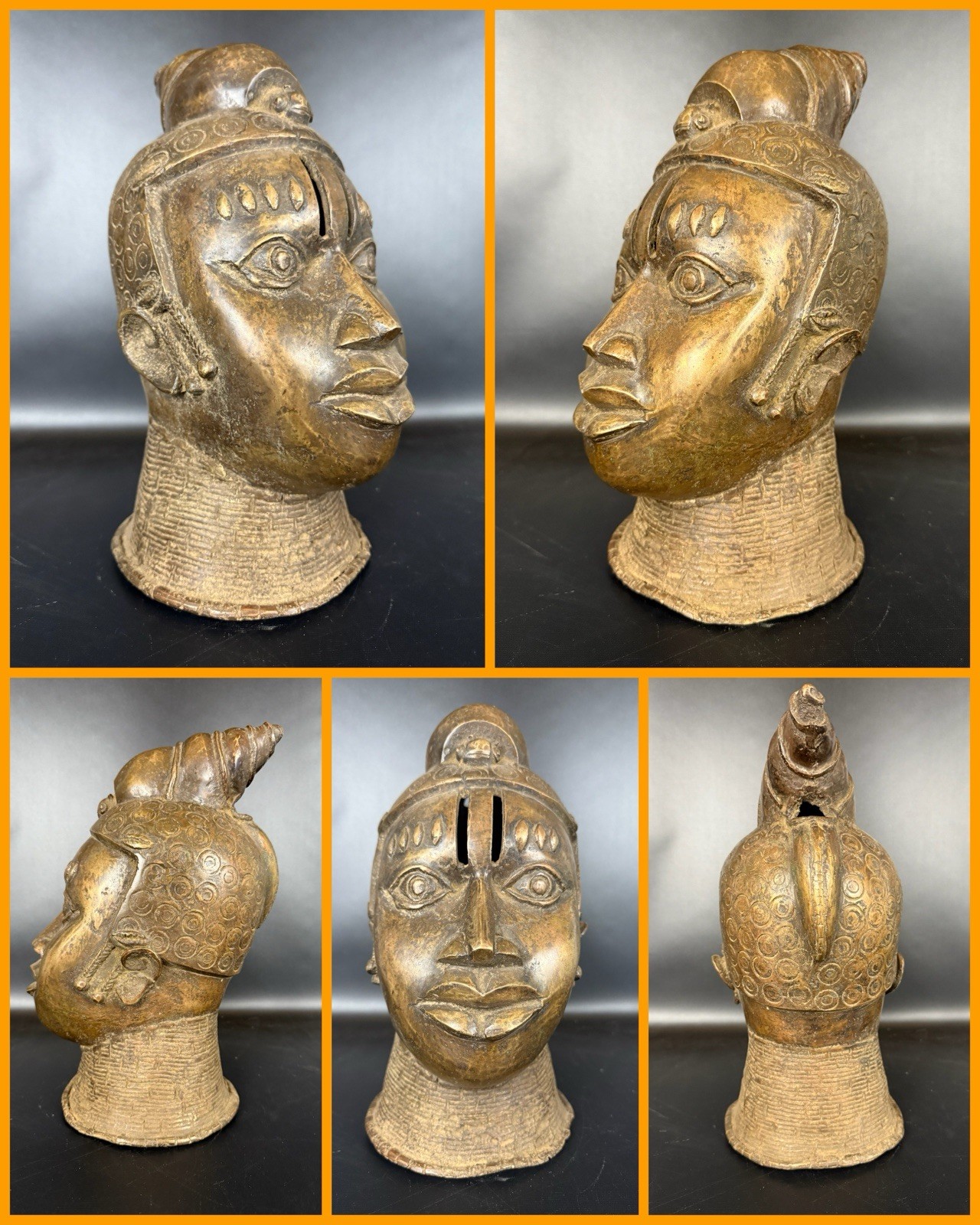 Big 14″ Authentic AFRICAN King Benin Bronze Head Bust statue – Nigeria Handmade