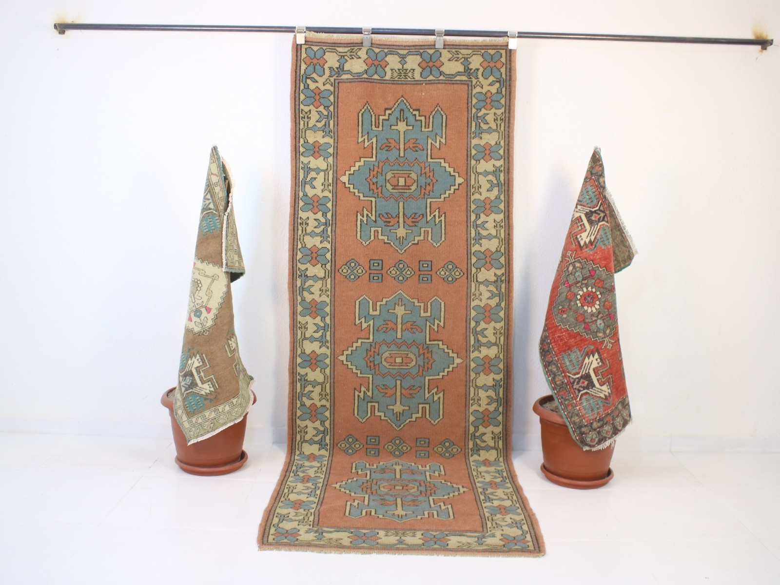 Vintage Turkish Runner Rug 3.1×8.6 ft | Handmade Wool Orange Blue Rug | 96×265