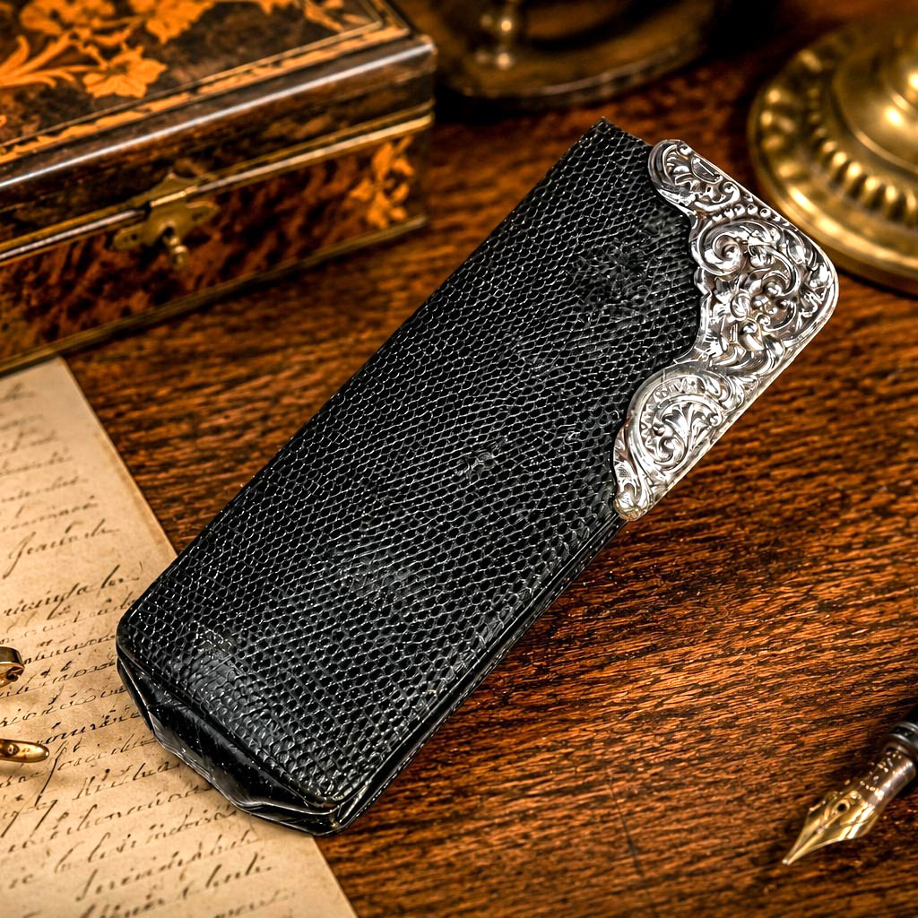 Unusual Black Leather Antique Gorham Sterling Silver Corner Eyeglass Case Holder