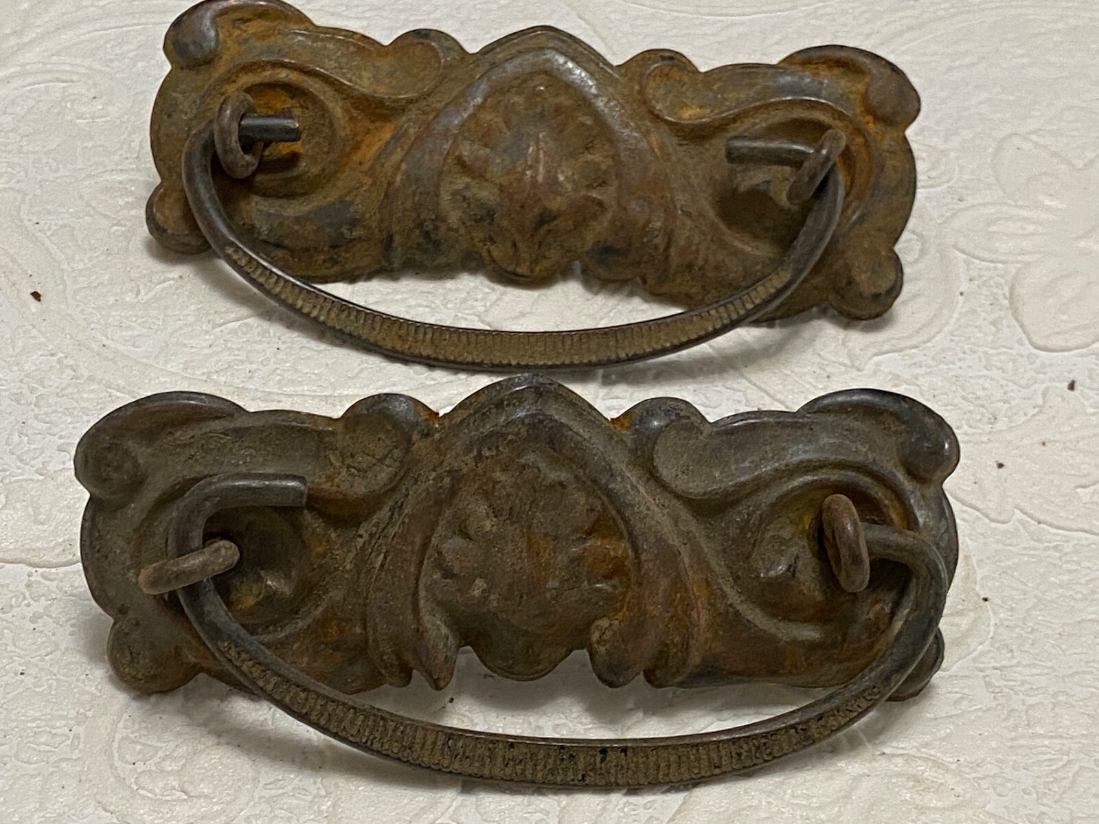 2 Vintage Stamped Metal DRAWER Handles Fancy Leaf Backplates Ring & Bail Pulls