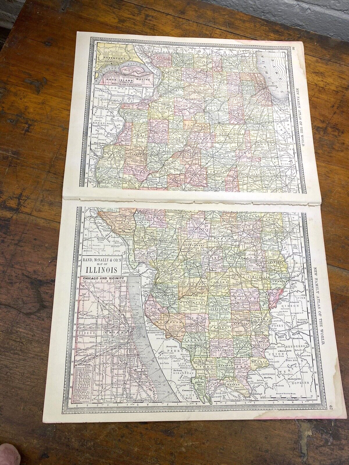1890 Illinois Map, Double Page, Chicago Area, 21.75″ x 14″ Colored Counties & RR