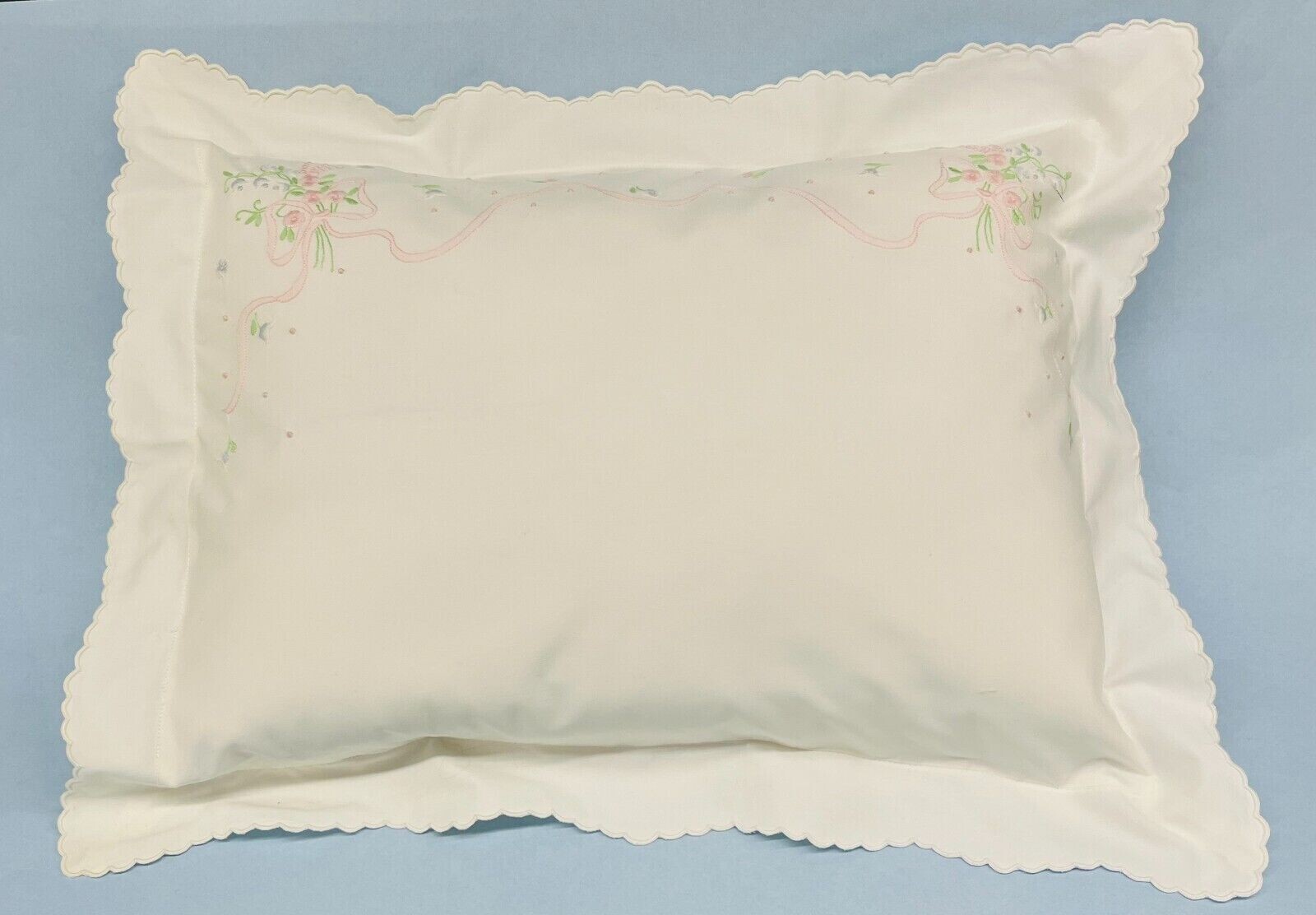 Beautiful Pink and Blue Hand Emb Cotton Boudoir Sham Made in Madeira 12″ x 16″