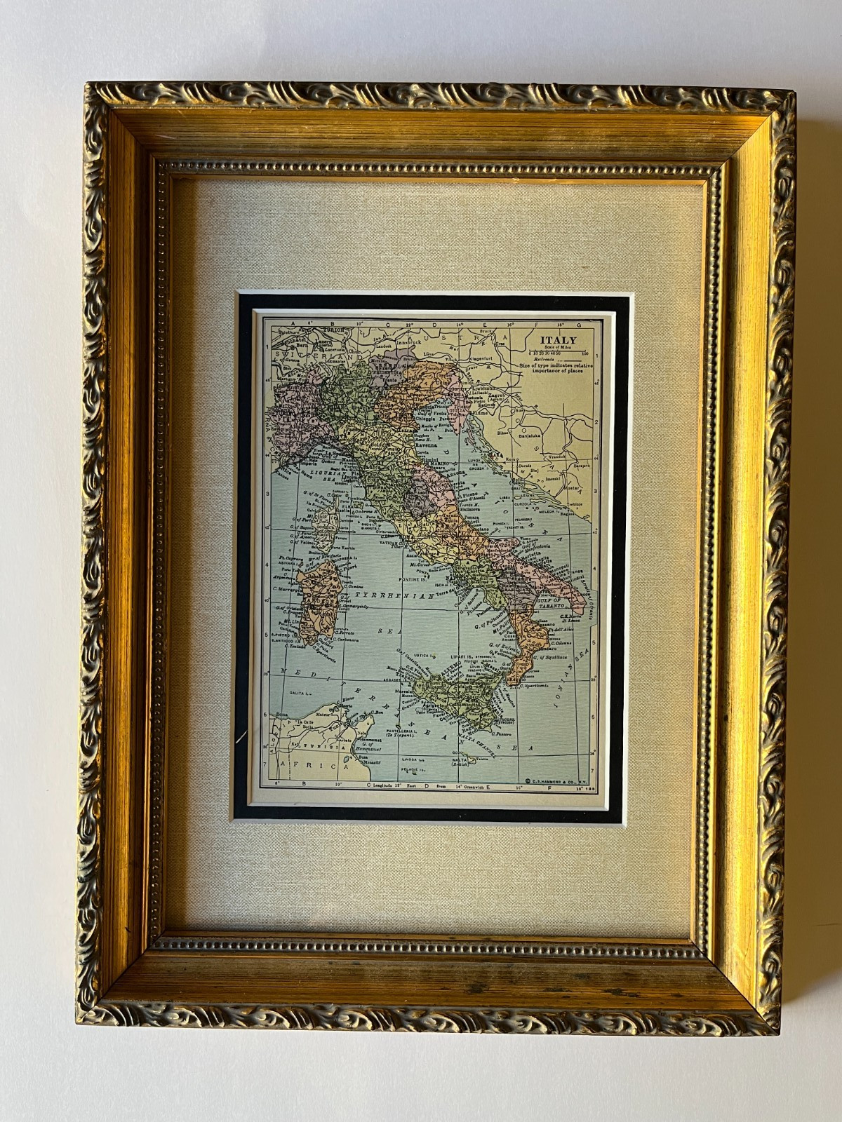 1927Antique Map of ITALY Framed/Dbl Mat fm Hammond World Atlas SEE DESCRIP