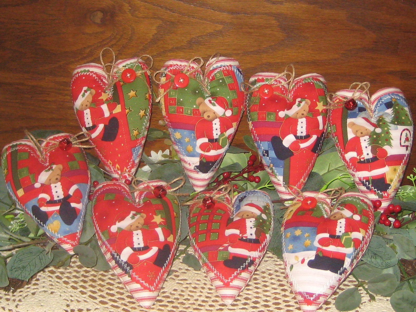 Red Country Christmas Farmhouse 8 Santa Bear Hearts Tree Ornaments Handmade Gift