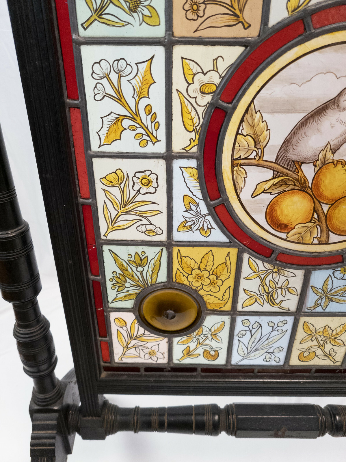 Antique Victorian Aesthetic Stained Glass and Ebonized Wood Fire Screen
