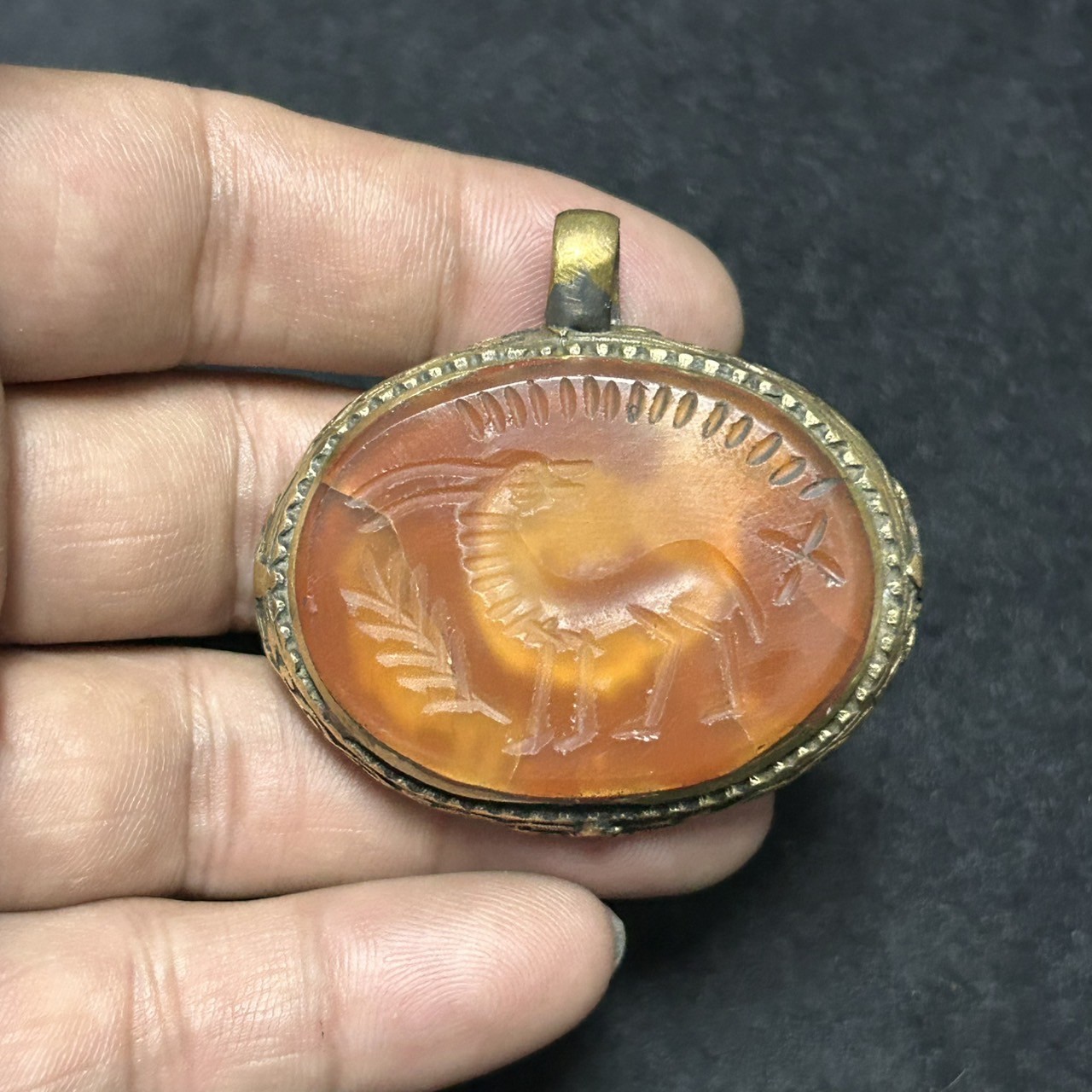 Ancient Near Eastern Carnelian Agate Stone Animal Intaglio Rare Brass Pendant