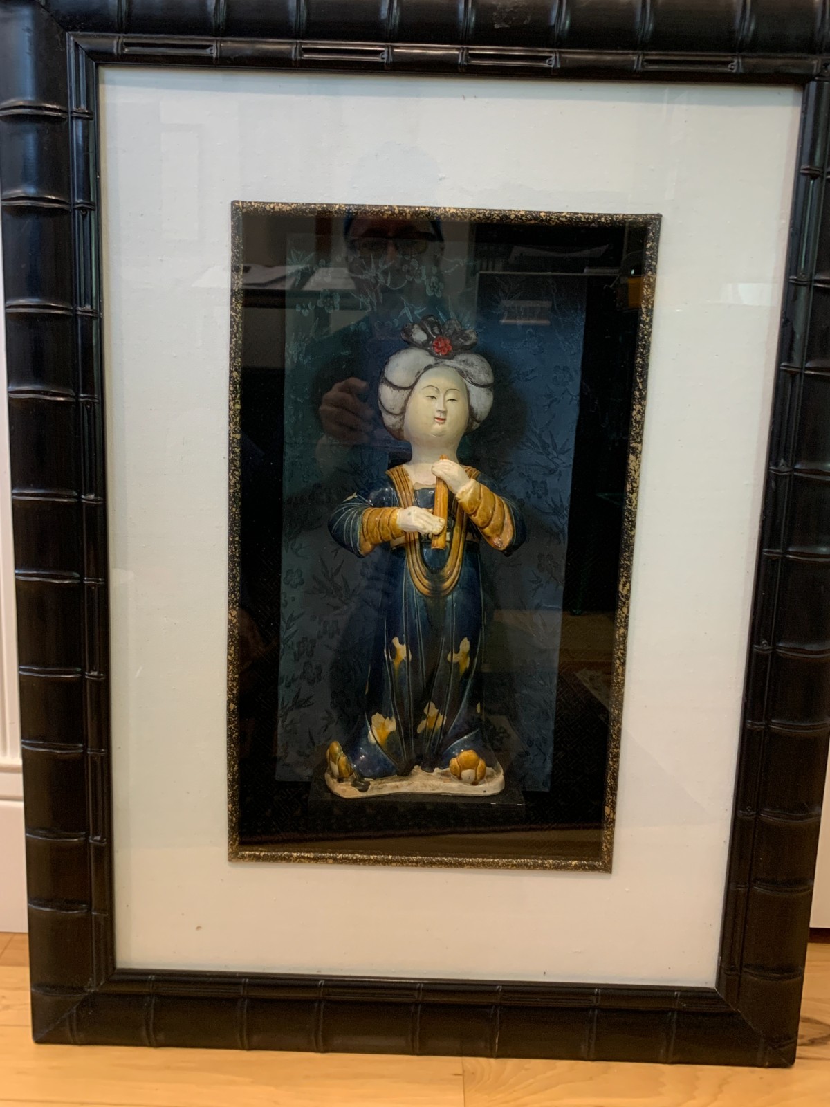 Framed Antique Oriental Ceramic (Porcelain) Figurine for In-wall Display.