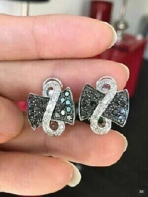 14K White Gold Plated 2.10Ct Round Lab created Black Diamond Stud Earrings Women