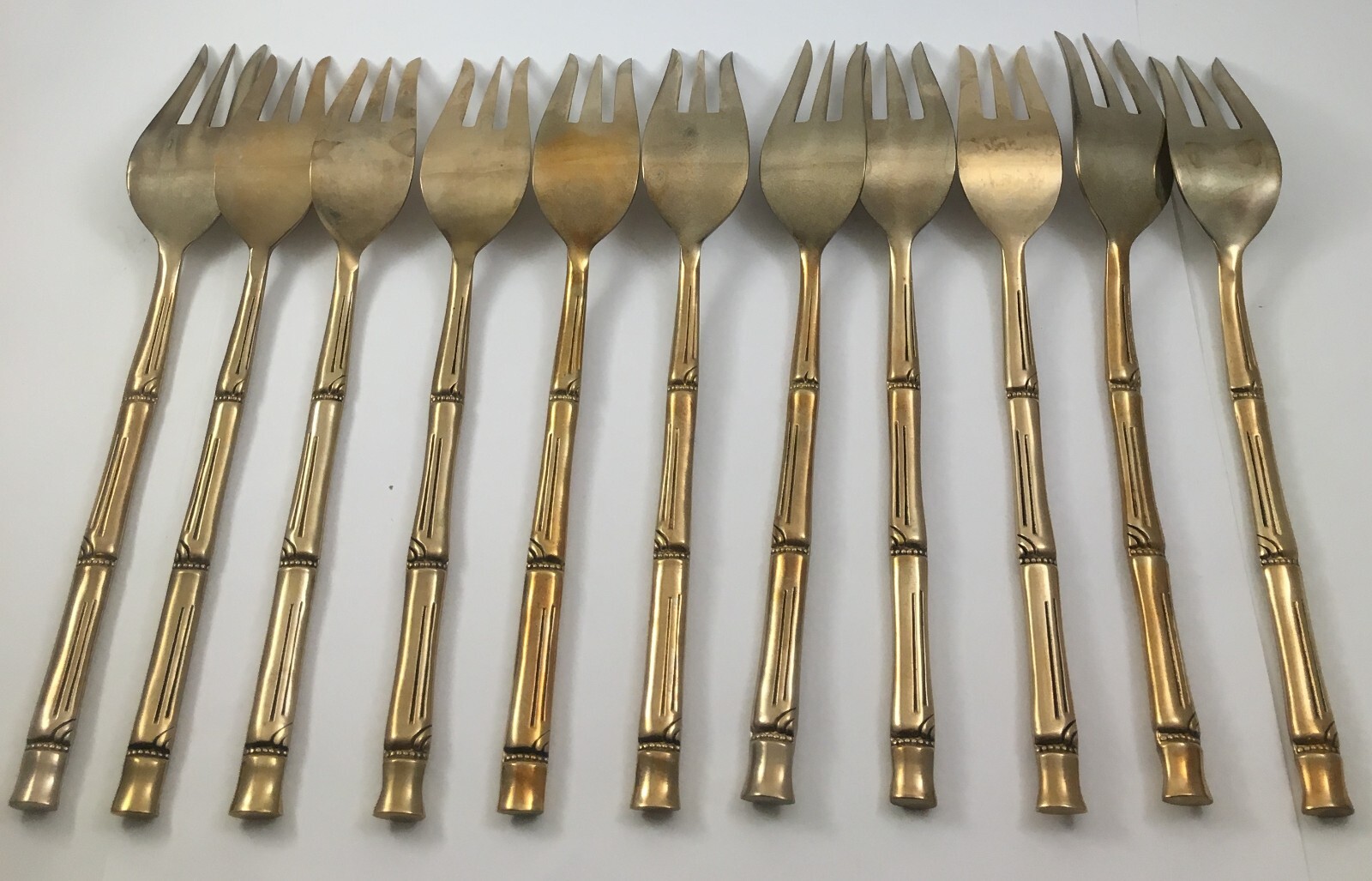 Lot of 11 Vintage 3-Tine Forks Thai Gold Bronze Bamboo Flatware