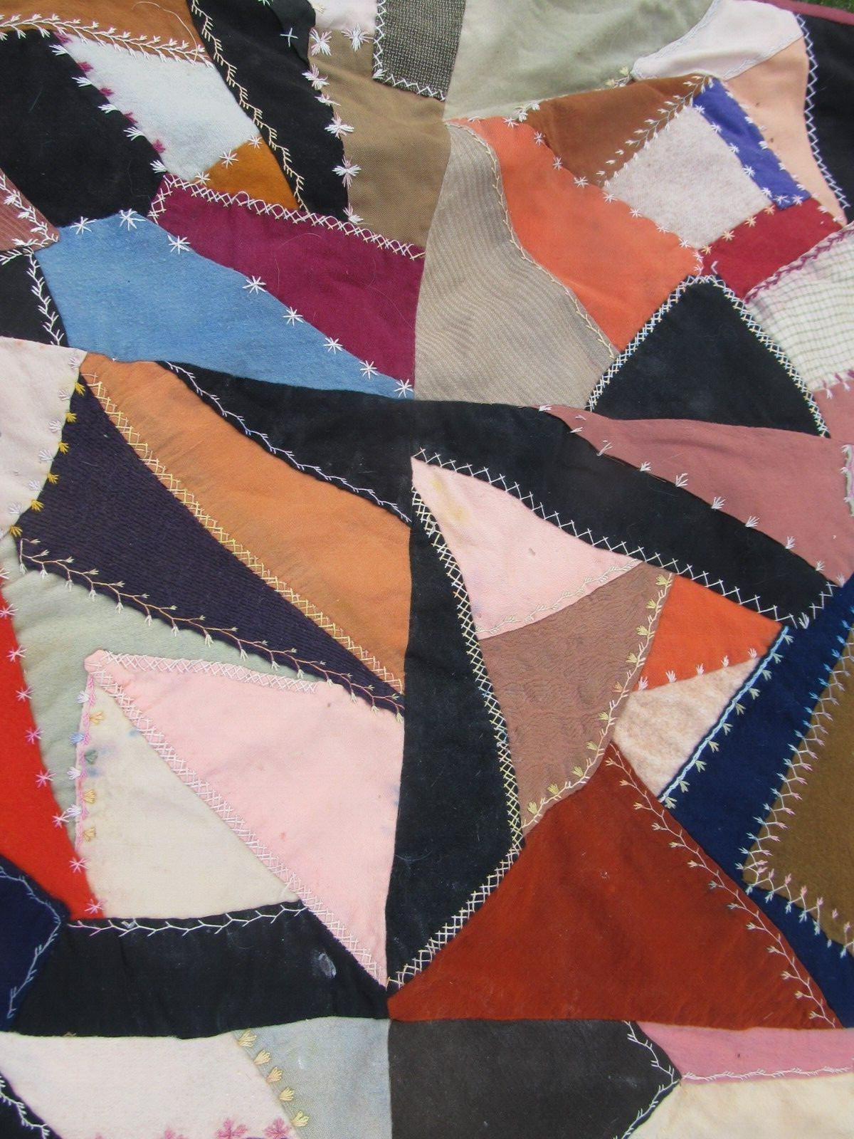 COLORFUL Antique Handmade Patchwork & HIGHLY EMBROIDERED “CRAZY” Quilt, 1890