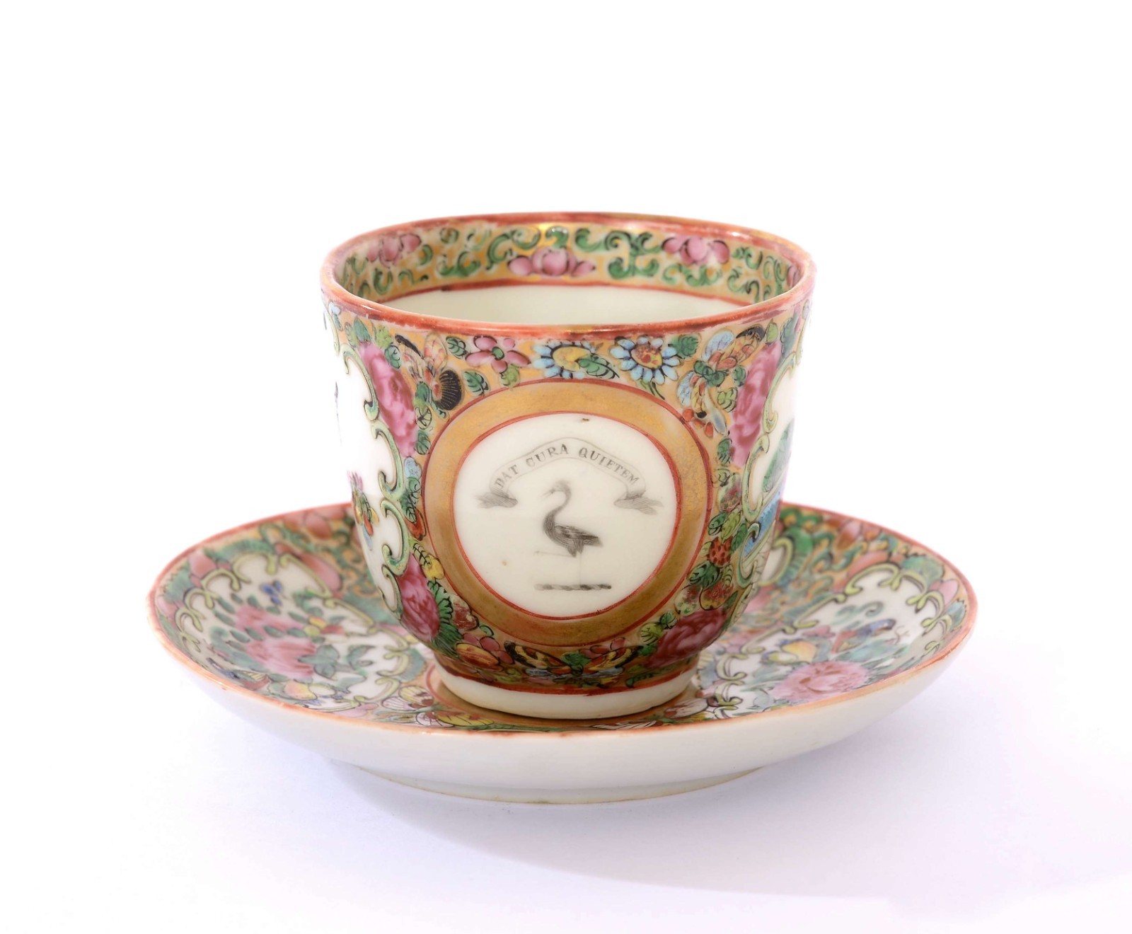 1900’s Chinese Export Rose Medallion Porcelain Cup Saucer Armorial Crest & Motto