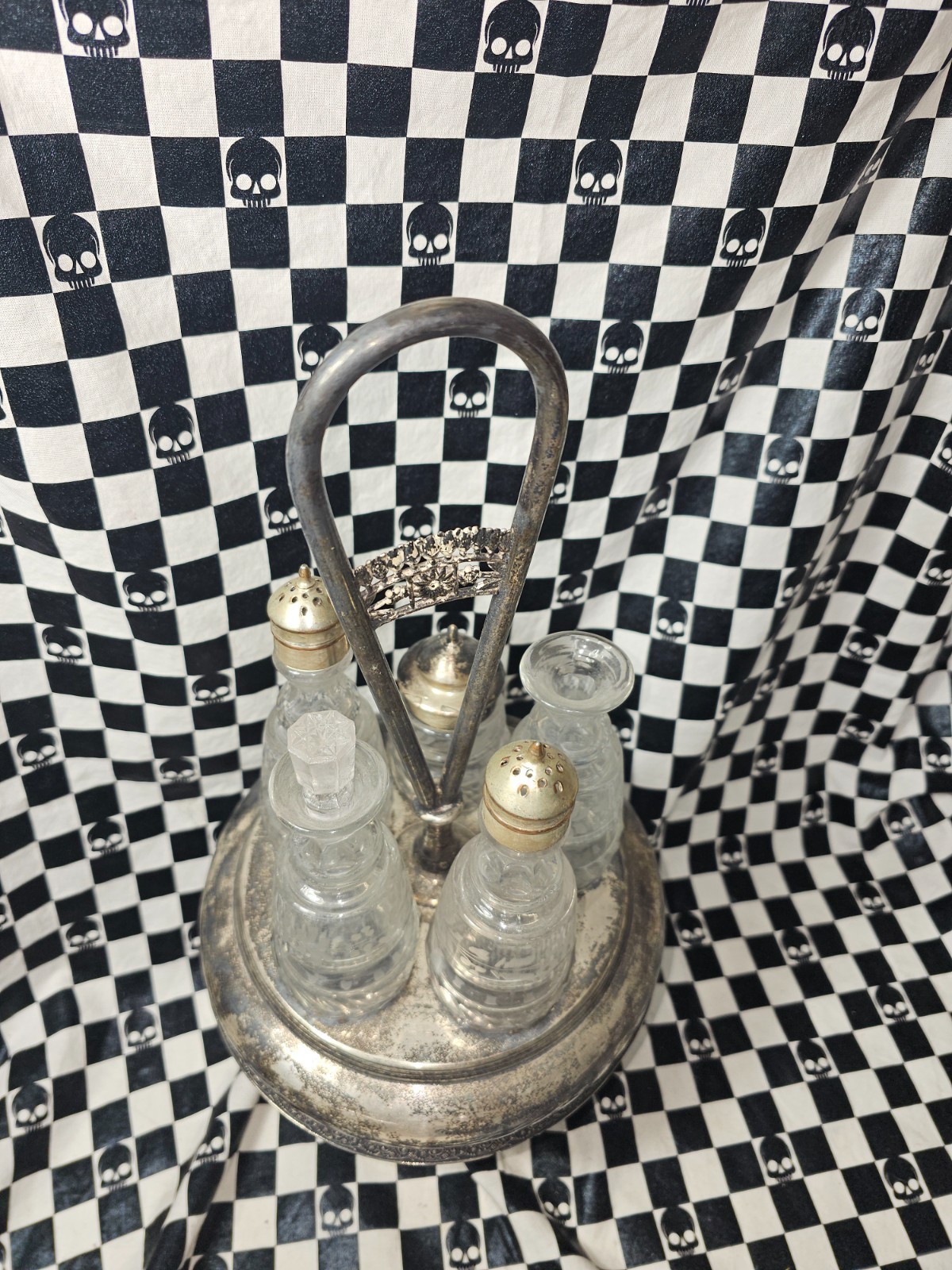 Antique Victorian Condiment Lazy Susan Server Glass Cruets Silverplate