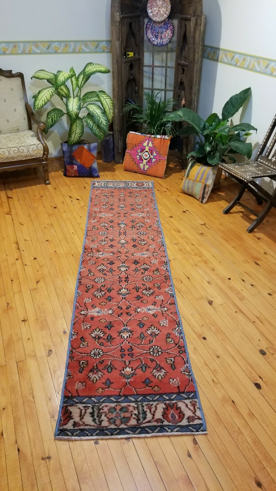 Primitive 1930-1939’s Antique Wool Pile Henna Dye Bunyan Runner Rug 2’1″×9’4″