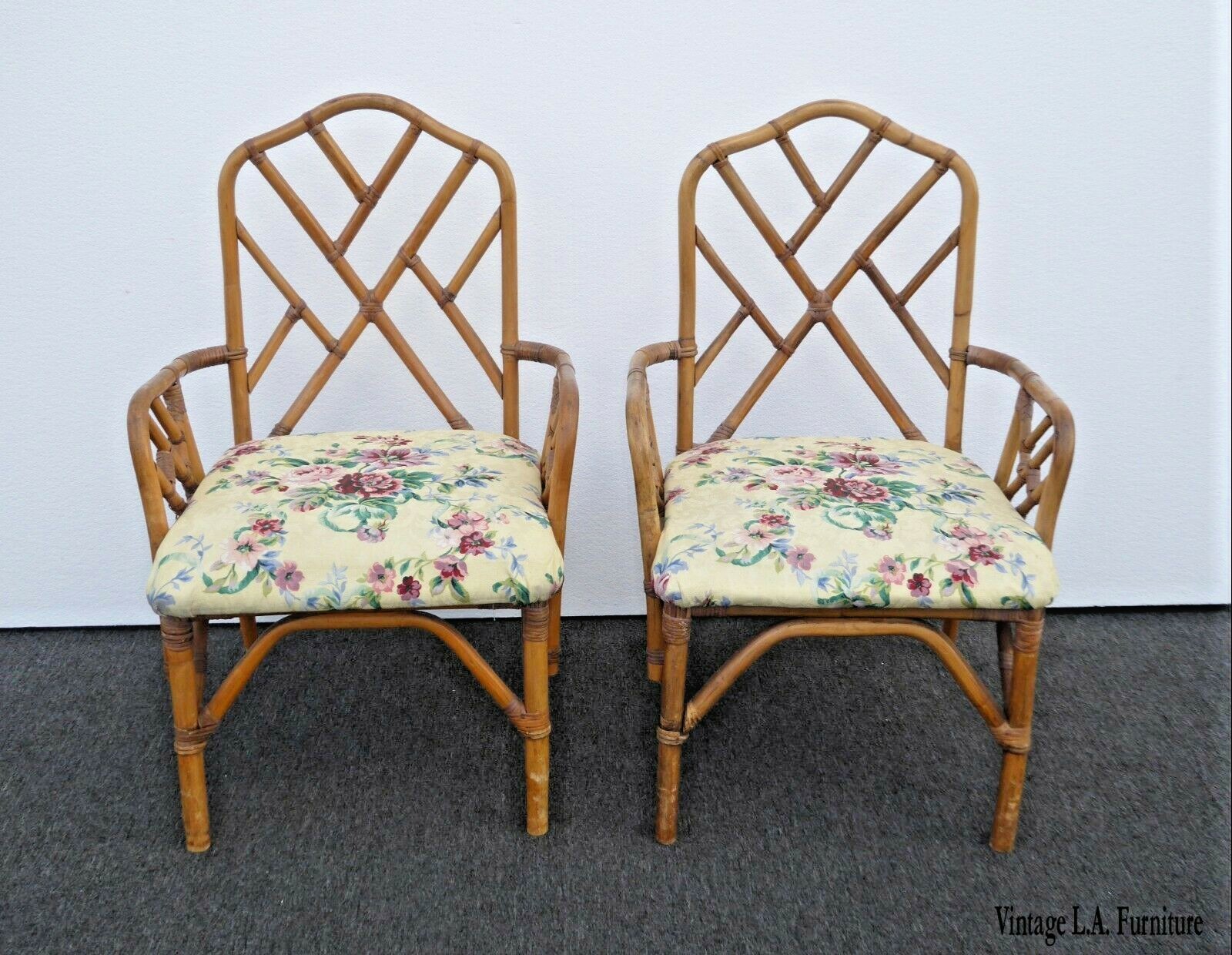 Pair of Vintage Mid Century Chinese Chippendale Bamboo Rattan Accent Chairs