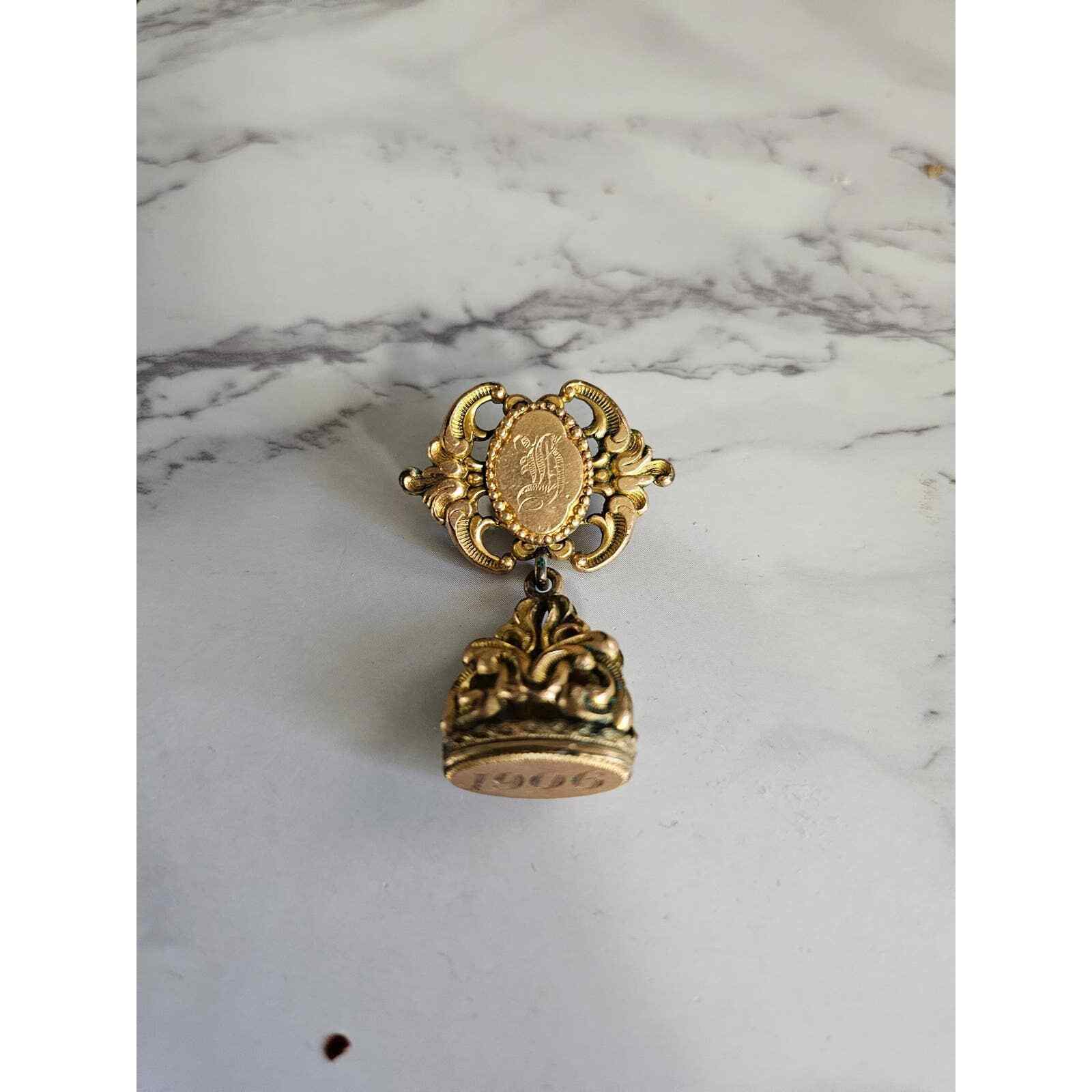 Pocket Watch Fob Seal Victorian Gold Filled Ornate Scroll Monogram Slide 1906