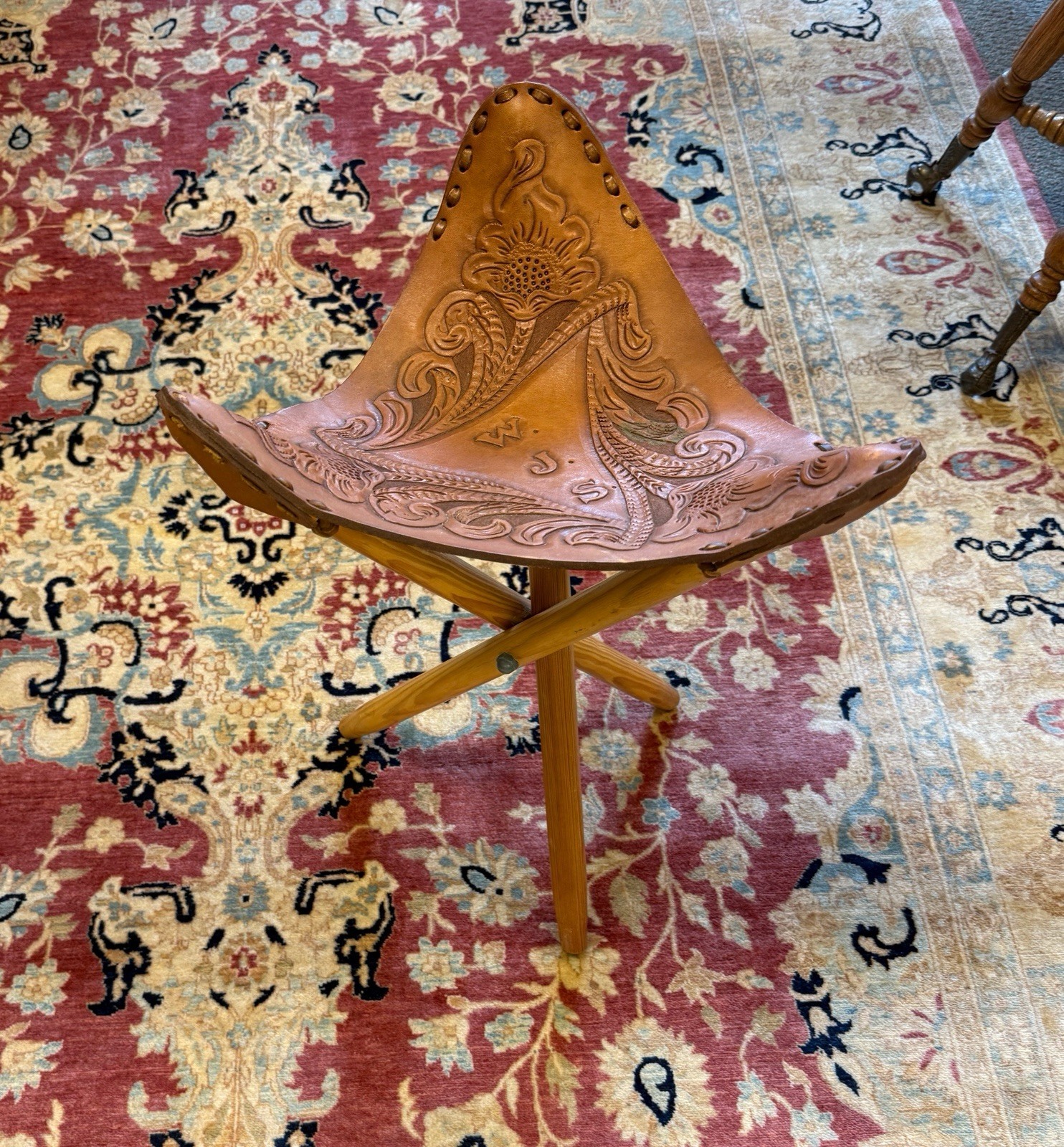Hand tooled leather camp stool western cabin ranch decor