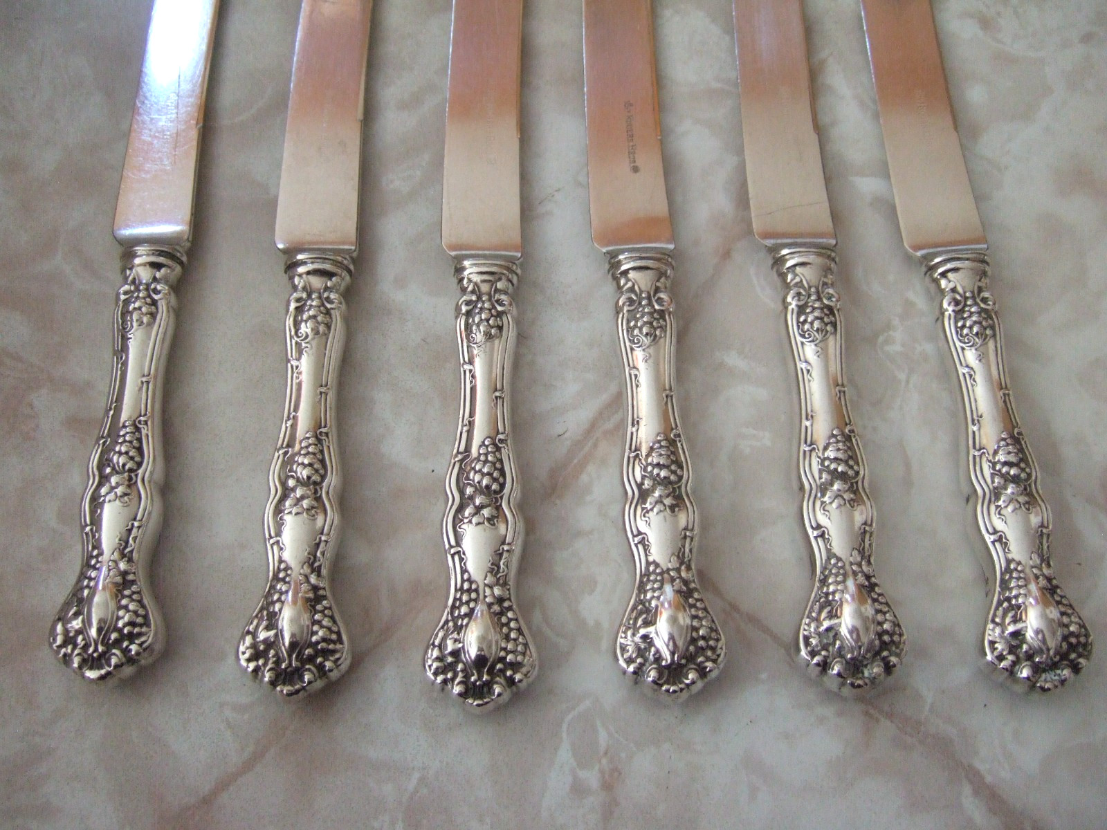 6 SOLID BLUNT DINNER KNIVES 1847 ROGERS BROS VINTAGE GRAPES Pattern Silverplate