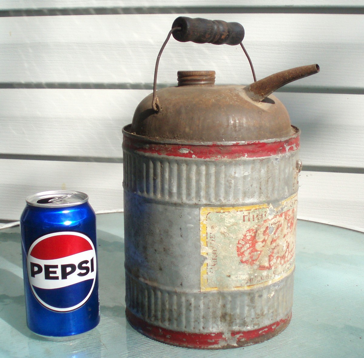 PRIMITIVE ANTIQUE KEROSENE OIL LAMP METAL CAN W/ WOODEN HANDLE ORIG PAPER LABEL