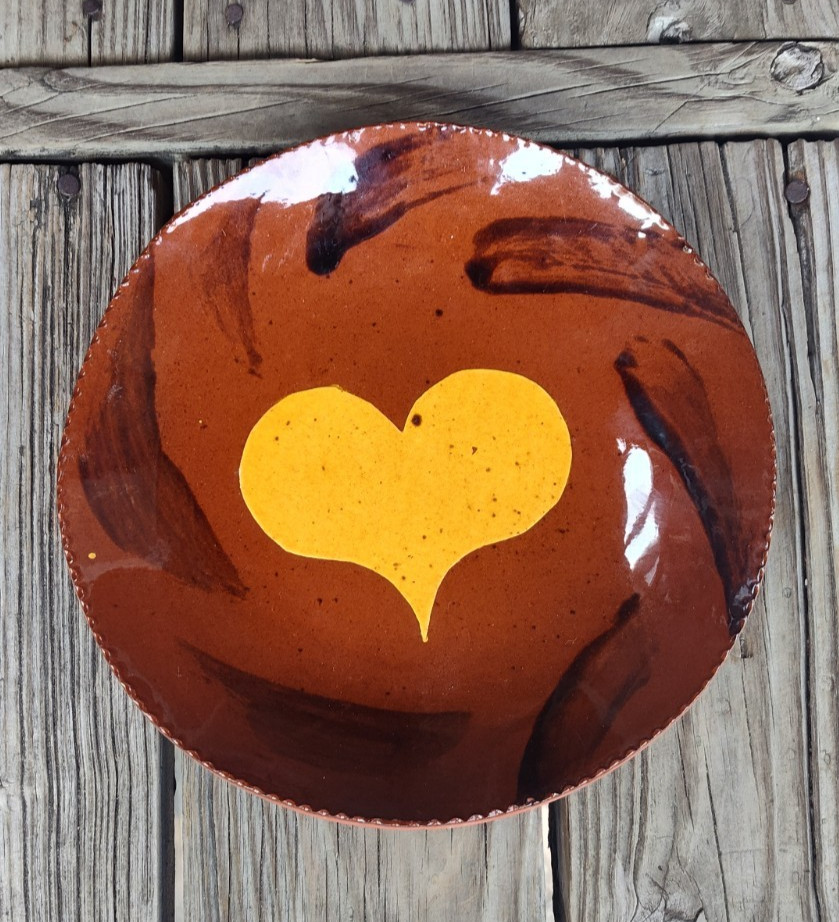 Vintage 1984 Lester Breinger Redware Slip Decorated “Heart” Charger 10 1/2″ (#2)