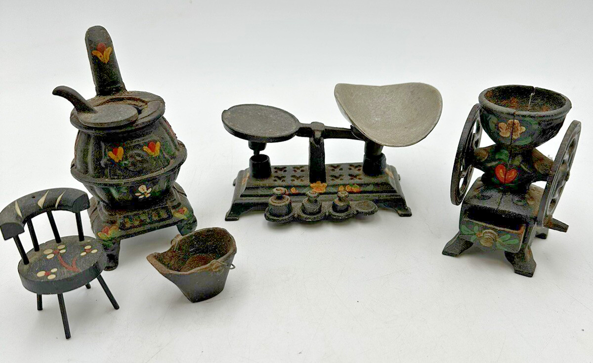 Antique Cast Iron Hand Painted Dollhouse Pieces 5″x3″ Scale Stove Grinder Chair