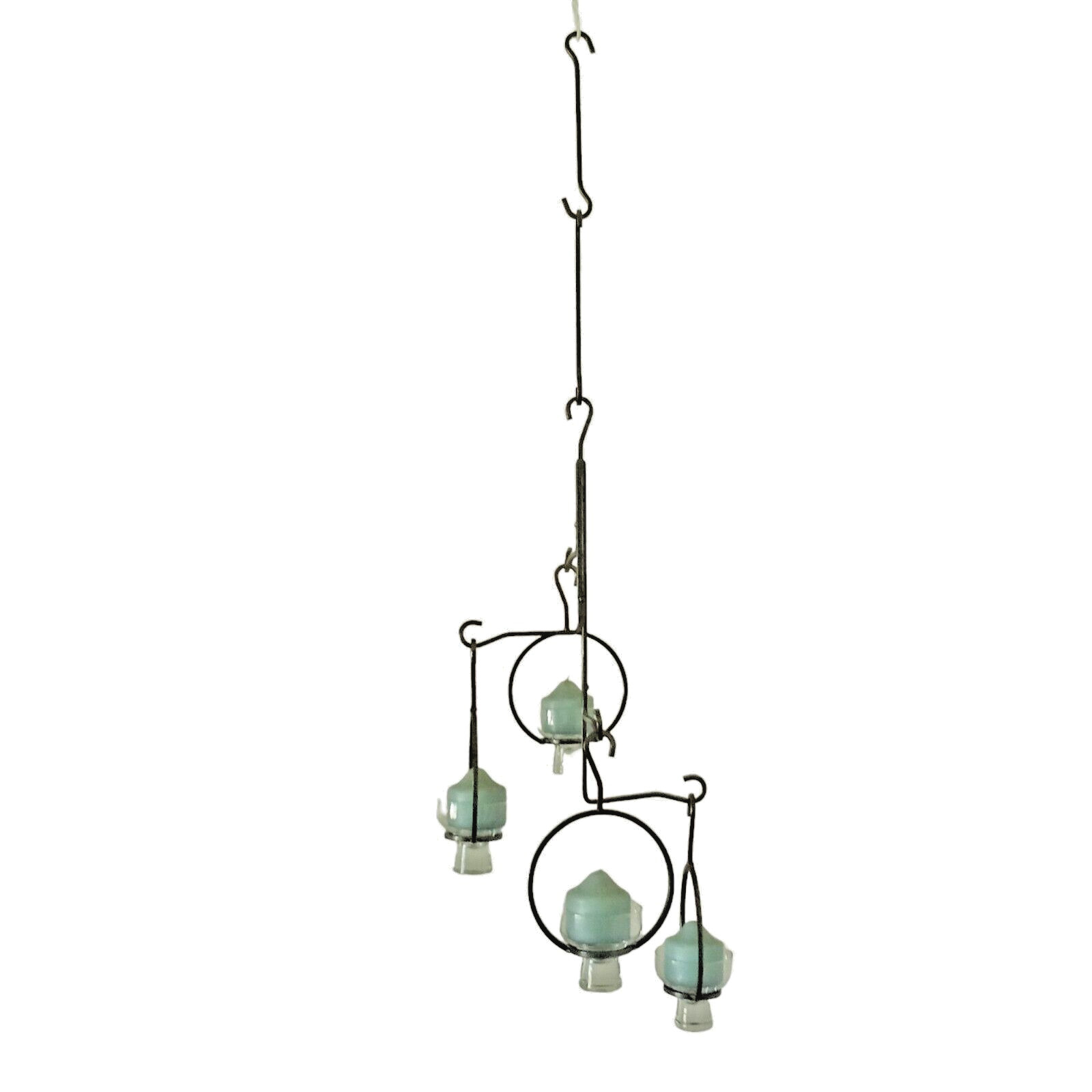 Large Scandinavian Wrought Iron Chandelier for Four Candles 1970’s Metal Glass