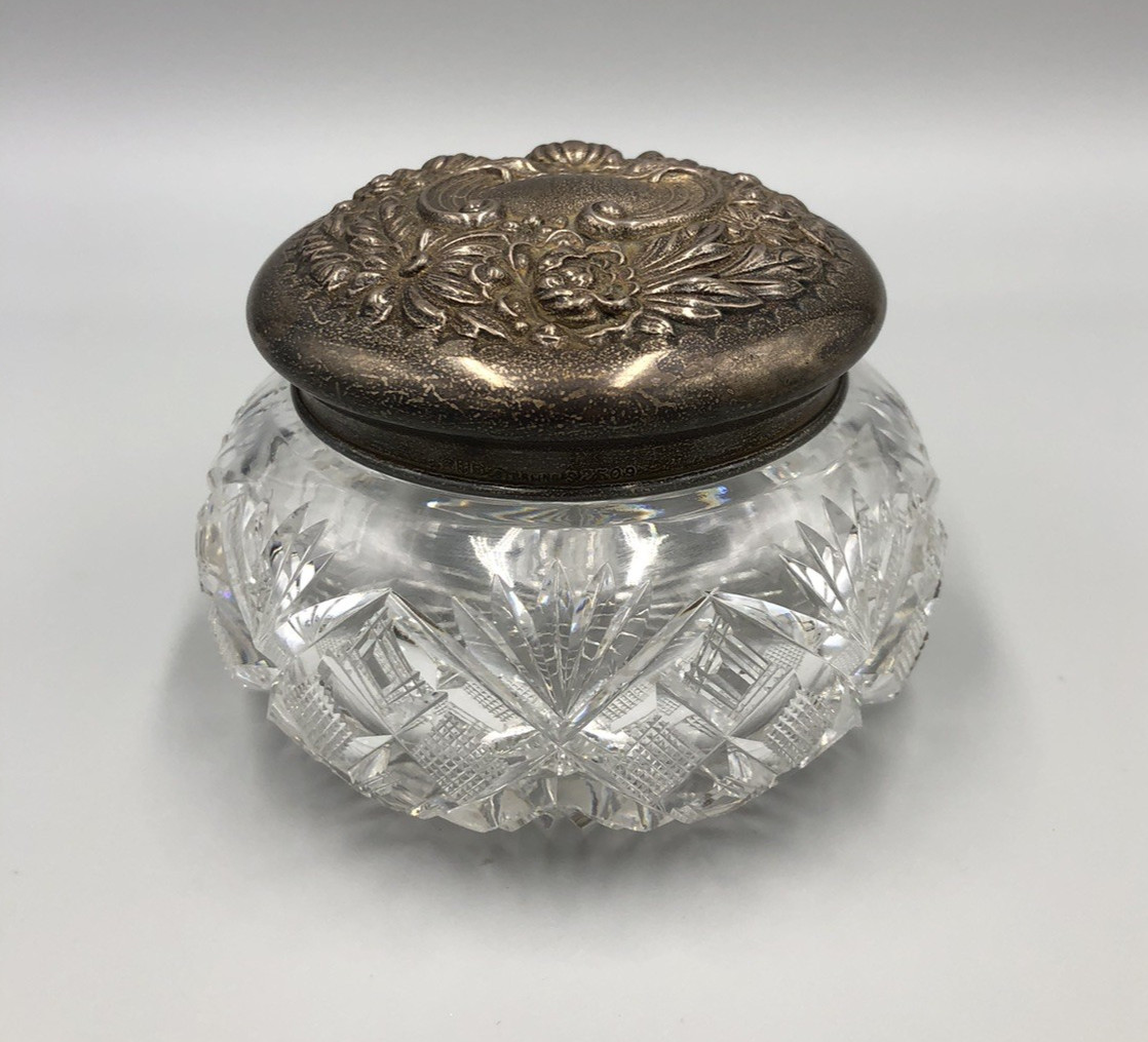 Gorham Cut Crystal Powder Vanity Jar w/ Cluny Pattern Sterling Silver Lid S2509
