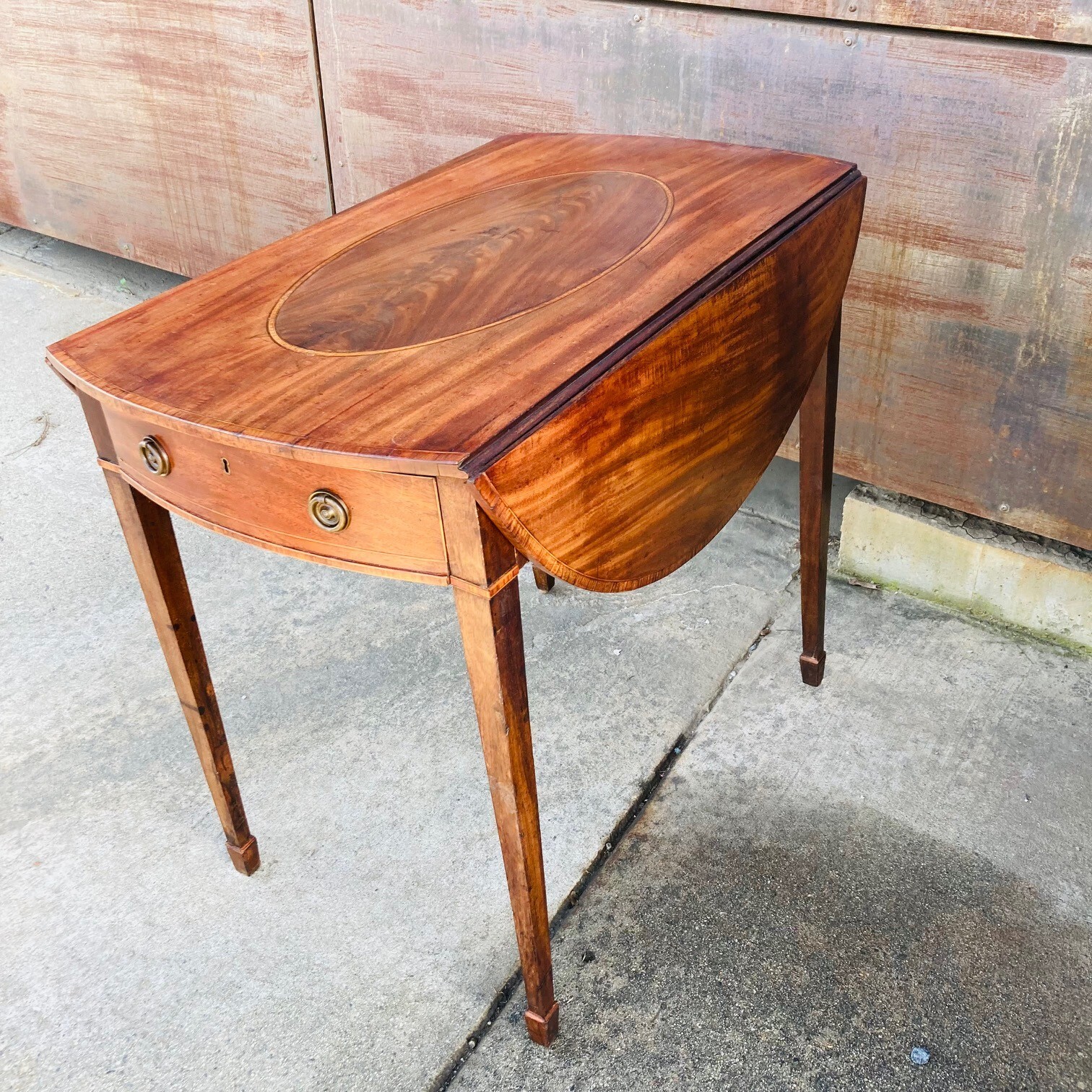 Antique New England Drop Leaf Table, Walnut Satinwood Brass Pembroke Table